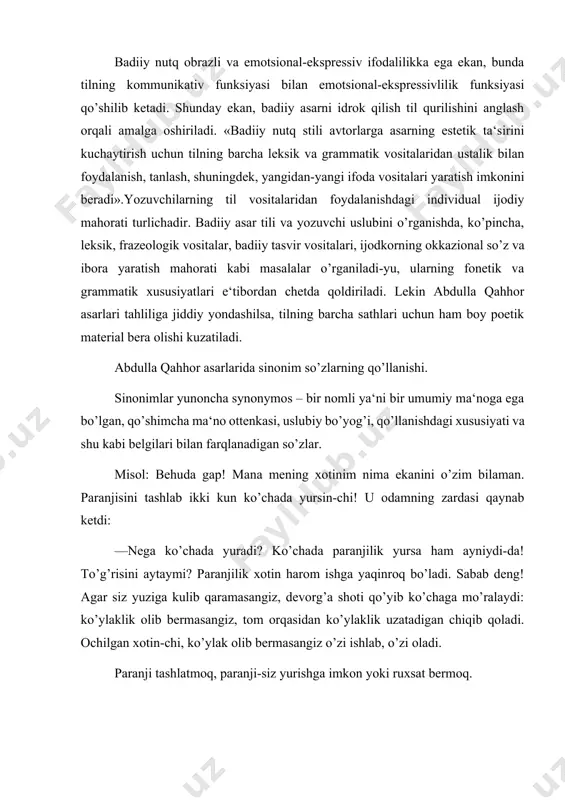 an xotin-chi, ko’ylak olib bermasangiz o’zi ishlab, o’zi oladi. paranji tashlatmoq, paranji-siz yurishga imkon yoki ruxsat bermoq. tuxum bosib, undan joʻja chiqarmoq. tovuq oʻnta joʻja ochibdi. musicha bola ochibdi. -biz yorugʻ dunyoni koʻrish uchun tugʻilganmiz, turgʻunoy!— dedi maston. - biz tovuk emasmizki, qanday tuxum bostirsa, shuni ochib chiqarsak yigit hayron edi: buning husnigina emas, hatto kiygan kiyimi ham mo’jiza-ku, nega mening otimni biladi, nega yani o’zini past olgan tovush bilan so’raydi?,, yigit afv so’radi: mening qulog’imga saidiy bo’lib kiribdi,-- dedi va cho’ntagiga solgan qog’ozlarini yana qo’liga oldi. abdulla qahhor o’z asarlarida ko’chma ma‘noli so’zlarni mohirlik bilan qo’llay olgan yozuvchilardan. asarlarini tahlil qilib o’qish jarayonida bir necha o’rinlarda ko’chma ma‘noli so’zlarni qo’llaganiga guvoh bo’ldik. misol: – men sizga biron narsa deyabmanmi? tikib qo’yarman. har narsaga ro’zg’or achchiq bo’la bersa… qiyinroq bo’lar.- dedi to’rabjon yaktagim kiyayotib, -kambag’alchilik o’lsin. ― tanlangan‖ asarlar bu achchiq leksemasining asil ma‘nosi istemol qilinadigan sabzavotning tami. bu yerda …