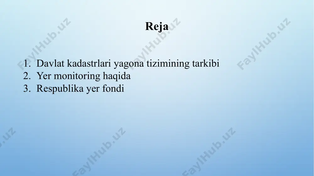 anda va hokazo) xoʻjalik yuritish mulkchilik egalik qilish, foydalanish, ijara obyektlari hisoblangan barcha yerlarning yigʻindisidir. yer fondi — mamlakatning jami yer resurslari maydoni. yer fondi yerlardan foydalanishning belgilangan asosiy maqsadiga koʻra quyidagi toifalarga boʻlinadi: 1) qishloq xoʻjaligiga moʻljallangan yerlar — sugʻoriladigan va sugʻorilmaydigan (lalmikor) yerlar, haydaladigan yerlar, pichanzorlar, yaylovlar, koʻp yillik mevali (mevasiz) daraxtzorlar va tokzorlar va boshqa ekinlar bilan band yerlar; 2) aholi punktlari (shaharlar, shaharchalar va qishloq aholi punkti) yerlari — shaharlar va shaharchalar, shuningdek, qishloq aholi punktlari chegarasi doirasidagi yerlar; 3) sanoat, transport, aloqa, mudofaa va boshqa maqsadlarga moʻljallangan yerlar — koʻrsatilgan maqsadlarga foydalanish uchun yuridik shaxslarga berilgan yerlar; 4) tabiatni muhofaza qilish, sogʻlomlashtirish, rekreatsiya maqsadlariga moʻljallangan yerlar — alohida muhofaza etiladigan tabiiy xududlar egallagan, tabiiy davolash omillariga ega boʻlgan yerlar, shuningdek, ommaviy dam olish va turizm uchun foydalaniladigan yerlar; 5) tarixiy madaniy ahamiyatga molik yerlar — tarixiy-madaniy yodgorliklar joylashgan yerlar; 6) oʻrmon fondi yerlari — oʻrmon …