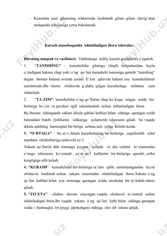 kam qo`lini kafti bilan yoniga qaratgan holda tirsagidan bukib (900) ishora qiladi. a) kurashchilardan biri usul qo`llab to`lagicha bajara olmasa, raqibini beli yoki undan yuqori qismini gilamga teggizsa; b) raqibiga “tanbeh” e`lon qilinganda beriladi. v) nechta “chala” bahosi berlishidan qatiy nazar ularning umumiyy soni jamlanmaydi. g) agar ikkala kurashchidan ham bir nechtadan “chala” bo`lsa. g`oliblik kun “chala” olgan kurashchiga beriladi. 9. “tanbeh” – birinchi ogohlantirish.hakam kurashchi tomonga burilib, qo`lini oldinga cho`zgan holda barmog`i bilan tanbeh olgan kurashchini ko`rsatib, ishora qilib shu iborani ishlatiladi. a) kurashchi ataylab qochayotib, reqibini ushlab olishga yo`l qo`ymasa; b) ataylab raqibini gilamdan itarib chiqarsa yoki o`zi gilamning xavfli maydoniga chiqib ketsa; v) ataylab o`zining kiyimini, ishtonini hakam ruxsatisiz yechib yuborsa: g) ataylab raqib ishtoni yoki oyoqlaridan ushlasa; ushlab olgandan keyin 8-10 sekund vaqt davomida usul qo`llanmasa beriladi; 10. “dakki” - ikkinchi ogohlantirishda ishlatiladigan ibora. hakam qo`lini musht qilib tirsagidan bukib (900) ishora qiladi (qo`l barmoqlar musht …