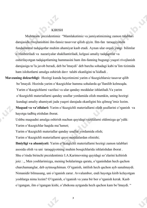 tariqasida quyosh batareyasi va termoelektrik generatorlarni keltirish mumkin. past o‘zgarmas kuchlanishdagi rekombinasiyali chaqnash nur uzatish manbai va hisoblash mashinalaridan axborot chaqirish qurilmalarida ishlatiladi yarim oʻtkazgichlar — elektr tokini yarim yaxshi oʻtkazuvchi moddalar (oʻtkazgichlar, asosan, metallar) va elektr tokini amalda oʻtkazmaydigan moddalar (dielektriklar) orasidagi oraliq vaziyatni egallaydigan moddalardir. mendeleyev davriy sistemasida ii, iii, iv, v va vi guruhlarda joylashgan koʻpchilik elementlar ularning bir qator birikmalari yarim o'tkazgichlar jumlasiga kiradi.yarim o’tkazgichlarda ham metallardagi kabi elektr oʻtkazuvchanlik elektronlarning harakati tufayli yuzaga keladi. biroq elektronlarning harakatlanish sharoitlari metallar va yarim o’tkazgichda turlicha boʻladi. quyidagi asosiy xususiyatlarga ega: ning elektr oʻtkazuvchanligi temperatura koʻtarilishi bilan ortib boradi (masalan, temperatura 1 k ga ortganda ning solishtirma oʻtkazuvchanligi 16—17 marta ortadi); yarim o’tklazgichlarning elektr oʻtkazuvchanligida erkin elektronlardan tashqari atom bilan bogʻlangan elektronlar ham ishtirok etadi (baʼzi hollarda bogʻlangan elektronlar asosiy rol oʻynaydi). sof ga oz miqdorda qoʻshilma kiritib, uning oʻtkazuvchanligini keskin oʻzgartirish mumkin (masalan: 0,01% qoʻshilma kiritilganda ning …