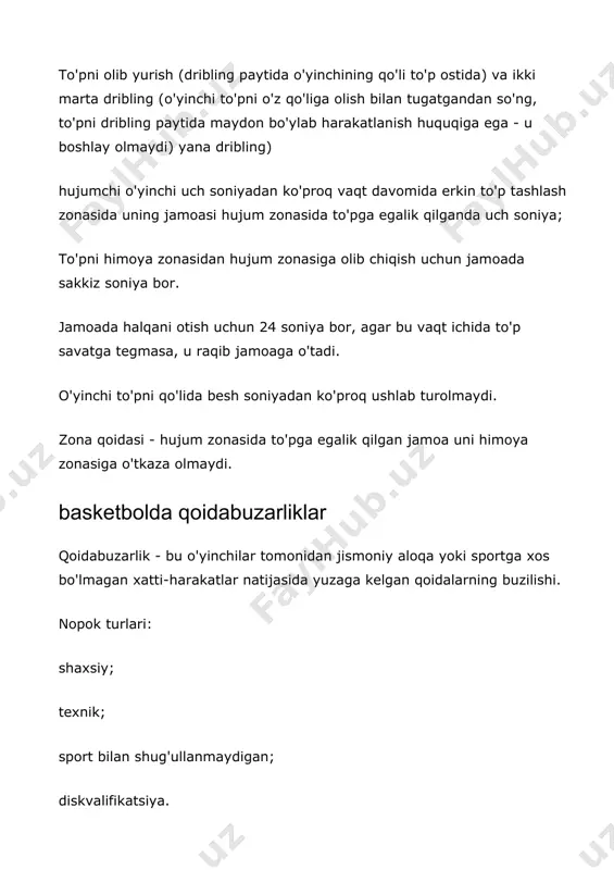 ta texnik qoidabuzarlik qilsa diskvalifikatsiya qilinadi; murabbiy olgan texnik qo'pollik bundan mustasno, har bir qoidabuzarlik jamoaning qo'polligi hisoblanadi. rasmiy jamoa yoki zaxira o'rindig'idagi o'yinchi. shaxsiy qoidabuzarlik - jismoniy aloqa tufayli qo'pollik. jazo: agar qoidabuzarlik otish bosqichida bo'lmagan o'yinchiga nisbatan qilingan bo'lsa, u holda: agar jamoa 4 ta jamoa qoidasini buzmasa yoki qo'pollik to'pga ega bo'lgan o'yinchi tomonidan sodir etilgan bo'lsa, zarar ko'rgan jamoa to'pni maydonga tushiradi; aks holda, jarohat olgan o'yinchi 2 ta erkin zarba beradi; agar to'p ringga kiritilgan bo'lsa, u hisobga olinadi va jarohat olgan o'yinchi 1 ta jarima zarbasini amalga oshiradi; agar to'p cho'ntagida bo'lmasa, jarohat olgan o'yinchi jamoa muvaffaqiyatli to'p tashlashda qancha to'p to'plagan bo'lsa, shuncha erkin to'pni oladi. sportchiga xos bo'lmagan qoidabuzarlik - bu o'yinchi qasddan qoidalardan tashqarida o'ynagan qoidabuzarlik. jazo: agar qoidabuzarlik otish bosqichida bo'lgan o'yinchiga qilingan bo'lsa va agar to'p ringga cho'ntagiga solingan bo'lsa, u hisobga olinadi va jarohat olgan o'yinchi 1 marta …