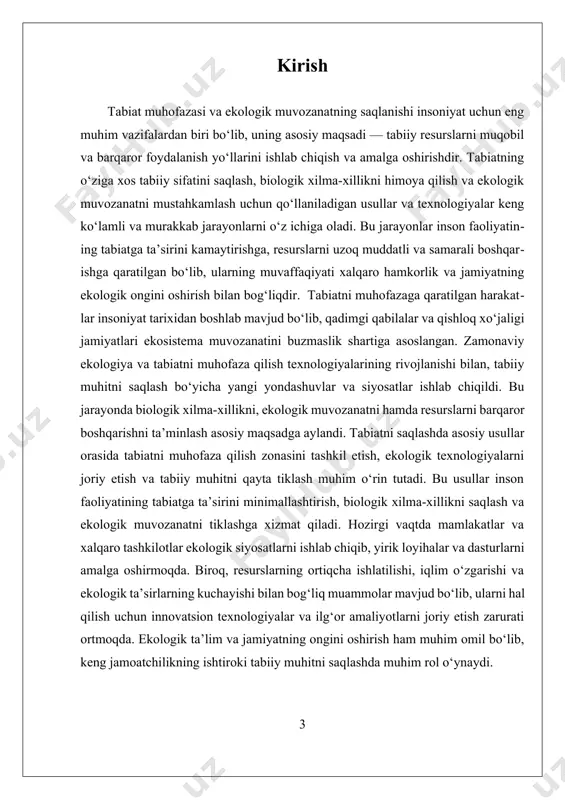 va ekologik tozalikka e’tibor qaratish bor. bu tamoyillar ekologik siyosat va qonunchilikda mustahkamlangan bo‘lib, ular asosida tabiatni muhofaza qilish uchun amaliy choralar amalga oshiriladi. masalan, ekologik toza texnologiyalarni joriy etish, qishloq xo‘jaligida ekologik usullarni qo‘llash va qayta tiklash ishlarini amalga oshirish kabi usullar bilan tabiat muhofazasiga erishiladi. shuningdek, tabiatni muhofaza qilish tamoyillari inson va tabiat o‘rtasidagi muvozanatni saqlashga qaratilgan bo‘lib, bu jarayonda jamiyatning ongini oshirish va ekologik ta’lim muhim rol o‘ynaydi. jamiyatda ekologik ongni rivojlantirish, ekologik bilimlarni keng jamoatchilik orasida tarqatish va ekologik mas’uliyatni kuchaytirish orqali, tabiiy muhitning barqarorligini ta’minlash mumkin. bu yondashuvlar orqali, inson faoliyatining ekologik ta’siri kamayib, tabiiy resurslar ehtiyotkorlik bilan foydalaniladi. tabiat muhofazasining tamoyillari va tushunchalarining amaliy asoslari, ekologik siyosatlar va strategiyalar orqali davlatlar va xalqaro tashkilotlar tomonidan qo‘llab-quvvatlanadi. bu esa, tabiiy muhitni saqlash va barqaror rivojlanishni ta’minlash uchun global miqyosda muhim ahamiyat kasb etadi. xulosa qilib aytganda, tabiati muhofaza qilish tamoyillari va tushunchalari, inson va tabiat …