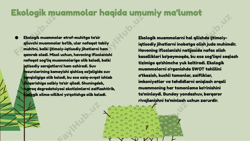 larni o'z ichiga oladi: - iqlim o'zgarishi: global isish natijasida qishloq xo'jaligi va suv resurslari xavf ostida. - yangi texnologiyalarning ta'siri: energiyani ishlab chiqarish va transport sohalarida innovatsiyalar ekologik muammolarni hal qilishda yordam beradi, ammo yangi xavflar keltirib chiqarishi mumkin. - sun'iy intellekt va avtomatlashtirish: ushbu texnologiyalar ish joylarining yo'qolishi va resurslarning ortiqcha iste'moli kabi muammolarga olib kelishi mumkin. kelajakdagi muammolarni oldini olish uchun zamonaviy va barqaror texnologiyalarni joriy etish zarur. tabiatni muhofaza qilish usullari tabiatni muhofaza qilish insoniyat va ekosistemalar uchun muhim ahamiyatga ega. u tabiiy resurslarni saqlab qolish, biologik xilma-xillikni himoya qilish va ekologik muvozanatni ta'minlashga yordam beradi. tabiatni muhofaza qilish muammolari, ayniqsa o'zbekistonda, ekologik muammolar bilan bog'liq bo'lib, ushbu usullarni amalga oshirish zarur. tabiatni muhofaza qilishning asosiy usullari: - tabii muhitni rejalashtirish va himoya qilish. - qonunchilik va normativ-huquqiy bazani mustahkamlash. - ekologik ta'lim va tarbiya. - uzoq muddatli ekologik monitoring va tadqiqotlar. o'zbekiston uchun muhim bo'lgan …