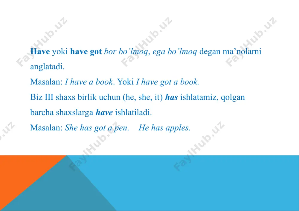 english british english i do not have a brother he does not have a cat they don’t have a car he doesn’t have a book i have not a brother he have not a cat they haven’ta car he hasn’ta book so’roqshaklhamshutarzdayasaladi: american english british english do i have a brother does he have a cat? do they have a car? does he have a book? have i a brother? has he a cat? have they a car? has he a book? so’roq quyidagimashqnibajaring: 1. when ________ you ___________ your next class? 2. _________ she ___________ a guitar? 3. _________ i ____________ my keys and my wallet? 4. why __________ he _____________ that ugly shirt on? 5. how __________ they ____________ time to get their work finished? 6. what time _________ maria __________ her appointment? 7. _________ the house __________ three bedrooms? 8. where _________ we ___________ our candles? 9. …