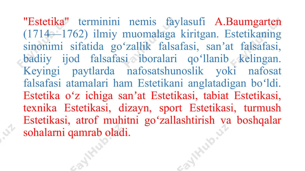 ning falsafiy fanlar tizimida ko‘pdan buyon o‘z o‘mi bor edi. biroq his- tuyg‘uni o‘rganadigan fan falsafiy maqomda o‘z nomiga ega emas edi. a. baumgartenning bu boradagi xizmati shundaki, u «his qilish», «sezish», «his etiladigan» singari ma’nolami anglatuvchi yunoncha aisthetikos -«oyestetikos»so‘zidan «estetika» (olmoncha «estetik» - «estetik») iborasini olib, ana shu bo‘shliqni to‘ldirdi. bobilondagi estetik g‘oyalar, ayniqsa, «gilgamesh» dostonida o‘z aksini topgan. aytib o‘tganimizdek, gilgamesh haqidagi somir dostonlari muayyan kompozitsion yaxlitlikka ega emas edi, bobilonda yaratilgan “gilgamesh”da esa, monumental epopeyaga xos xususiyatlami ko‘rishimiz mumkin. aynan ana shu xususiyatlar uni dunyodagi dastlabki epos, gomerning “iliada” va “odisseya”sidan awal yaratilgan epos deb atashimizga asos bo‘la oladi. suqrot (miloddan awalgi 469-399-yillar) jahon falsafasida birinchi bo‘lib antropologik yondashuvga asos solgan mutafakkir, ungacha falsafaga faqat kosmologik yondashuv hukmron edi. u diqqatni kosmos - fazoga emas, balki insonga qaratdi, insonni amaliy xatti-harakati, axloqiyligi nuqtayi nazaridan o‘rganishga kirishdi. suqrot axloqshunoslik va nafosatshunoslikning, axloq va go‘zallikning uzviy aloqasini ta’kidlab ko‘rsatadi. …