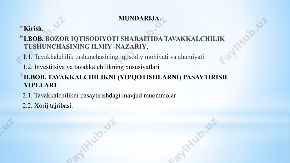 ish texnologiyalari va tovar sifatini o’zgartirishga, narx, iste’molchilar doirasi va boshqa ko’plab omillarga bog’liq bo’ladi muammolar yechimining turli yo’llarini topish, tanlash va o’zgartirish faqat muqobil variantlar mavjudligidagina mumkin bo’ladi. shu sabab tadbirkorlikning zaruriy sharti izlanishda va turli-tumanlik holatida iqtisodiy faoliyatning usullarini tanlash erkinligida namoyon bo„ladi. biznesni tavakkalchiliksiz tasavvur etish mumkin emas. tavakkalchilikning kuchayishi – bu mohiyatan tadbirkorlik erkinliginingaksi bo’lib, buning uchun o’ziga xos to’lov hamdir. bozor munosabatlari sharoitida yashab qolish uchun texnikaviy yangilanish, dadillik va jo’shqin harakatga tayaniladi, bu esa o’z navbatida tavakkalchilikni kuchaytiradi. yurtboshimiz ta’kidlaganidek “ma’lumki, biz mamlakatimizdagi ishlab chiqarish korxonalarini modernizatsiya qilish va yangilash, zamonaviy innovatsiyalarga asoslangan va yuksak samarali texnologiyalarni joriy etish bo’yicha o’z oldimizga katta maqsadlar qo’yganmiz”. i- bob . bozor iqtisodiyoti sharoitida tavakkalchilik tushunchasining ilmiy -nazariy asoslari 1.1. tavakkalchilik tushunchasining iqtisodiy mohiyati va ahamiyati. muammolar yechimining turli yo’llarini topish, tanlash va o’zgartirish faqat muqobil variantlar mavjudligidagina mumkin bo’ladi. shu sabab tadbirkorlikning zaruriy sharti izlanishda va …