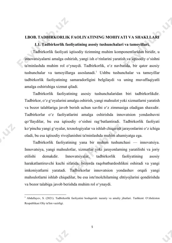 antirishlari mumkin. yana bir muhim tamoyil — bozorni o‘rganish va tahlil qilishdir. tadbirkorlar bozorni o‘rganish orqali iste'molchilar talablarini, bozor tendensiyalarini va raqobatchilarni aniqlashlari zarur. bozorni tahlil qilish, tadbirkorlar uchun muhim axborot manbai hisoblanadi, chunki bu ularga o‘z mahsulotlarini yoki xizmatlarini qanchalik muvaffaqiyatli taklif qilishlarini belgilashga yordam beradi. tadbirkorlar bozorni o‘rganish orqali yangi imkoniyatlarni aniqlashlari va o‘z faoliyatlarini moslashtirishlari mumkin. tadbirkorlik faoliyatining yana bir asosiy tamoyili — moliyaviy boshqaruvdir. tadbirkorlar o‘z bizneslarini muvaffaqiyatli yuritish uchun moliyaviy resurslarni samarali boshqarishlari zarur. moliyaviy boshqaruv, tadbirkorlar uchun daromadlarni oshirish, xarajatlarni kamaytirish va moliyaviy xavflarni boshqarish imkoniyatini beradi. tadbirkorlar moliyaviy rejalashtirish va hisobotlar orqali o‘z bizneslarining moliyaviy holatini nazorat qilishlari mumkin, bu esa ularning faoliyatini samarali amalga oshirishga yordam beradi. tadbirkorlik faoliyatining muvaffaqiyatli amalga oshirilishi uchun yana bir muhim tamoyil — jamoaviy ish va hamkorlikdir. tadbirkorlar o‘z bizneslarini rivojlantirishda jamoa va hamkorlar bilan ishlashlari zarur. jamoaviy ish, innovatsiyalarni amalga oshirish, muammolarni hal qilish va yangi …