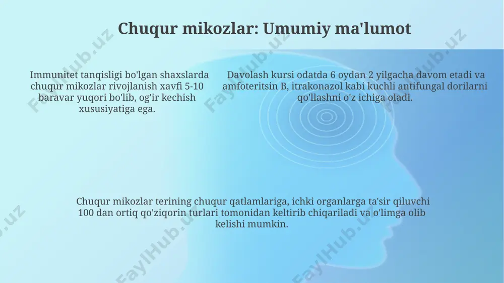 rish va immunitetni rag'batlantirishda samarali bo'lishi mumkin. soch to'kilishi (alopesiya)ning sabablari soch to'kilishining 30% dan ortiq hollari genetik omillar, jumladan, androgenetik alopesiya bilan bog'liq bo'lib, bu erkaklarda va ayollarda soch follikulalarining qisqarishiga olib keladi. avtoimmun kasalliklar, masalan, alopesiya areata, soch follikulalariga qarshi immun tizimining hujumiga olib keladi va bu turli darajadagi soch to'kilishiga olib kelishi mumkin. telogen effluvium, stress, tug'ruqdan keyingi davr yoki og'ir kasalliklar kabi omillar tufayli sochning o'sish siklining buzilishi natijasida yuzaga keladi va 3-6 oy ichida sezilarli soch to'kilishiga olib kelishi mumkin. immunomodulyatsion terapiya иммуномодуляция терапиясида 2-3 ой давомида интерферон-гамма каби i типли цитокинларнинг юқори дозада қўлланилиши яллиғланиш жараёнларини камайтириш ва инфекцияга қаршиликни оширишга ёрдам беради. иммуномодулятор дорилар, масалан, талидомид, лейкемия ривожланиш хавфини 15% га камайтиришда самарали бўлиши мумкин. бироқ, уларнинг самарадорлиги беморнинг иммунитет ҳолатига боғлиқ. т-лимфоцитларнинг фаолиятини яхшилаш учун cd4+ т-хужайралари сонини 20% га ошириш мақсадида иммуномодуляторларни монотерапия ёки комбинирланган терапия сифатида қўллаш мумкин. mahalliy antifungal …