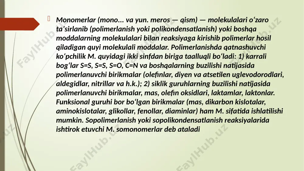 n neftning og‘ir qoldig‘idan bosim ostida 500-550 0s va uzoq muddatli ta’sirlashuv natijasida koks olinadi. suyuq mahsulot olish uchun (benzin yoki α-olefinlar) esa neftning о‘rtacha fraksiyasi 500-550 0s da, ta’sirlashuv vaqti kamroq (xomashyoni qisman о‘zgartirish darajasida) bо‘lishi kerak. kichik molekulyar olefinlar olish uchun esa piroliz jarayoni 800-900 0s da, kam ta’sirlashuv vaqtda (0,2-0,5 s), suv bug‘i bilan suyultirilgan holatda olib borilishi zarur. benzin fraksiyasi ishlatilganda esa butadiyen-1,3 va fromatik uglevodorodlar kо‘p hosil bо‘ladi. yana bir yо‘nalishlardan biri ta’sir vaqtini kamaytirishga – pirolizni n2 ishtirokida olib borishga asoslangan bо‘lib, koks va og‘ir fraksiyasi hosil bо‘lishini kamaytiradi, olefinlar va butadiyen-1,3 hosil bо‘lishini kо‘paytiradi. image1.emf image2.emf image3.emf image4.emf image5.emf image6.emf image7.emf + с 20 h 42 с 10 h 20 с 10 h 22 +с 8 h 16 с 12 h 26 +с 5 h 12 с 15 h 30 +с 2 h 6 с 18 h 36 +сh 4 с 19 h …