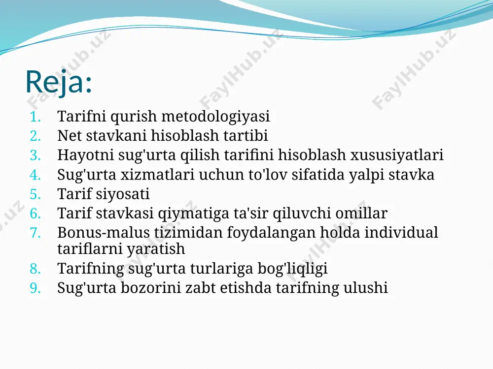 sizligi - bu sug'urta to'lovlari umumiy summasining sug'urta summasiga nisbati: g = w st / s ss , (2) bu erda g - sug'urta summasining foydasizligi; w sv - sug'urta to'lovlarining umumiy miqdori; s ss - umumiy sug'urta summasi. net stavkani hisoblash tartibi sug'urta hodisalarining chastotasi (sug'urta hodisasi ehtimoli ba'zan kasallanish koeffitsienti deb ataladi ) sug'urta hodisalari sonining sug'urta ob'ektlari soniga nisbati bilan belgilanadi: f c / c = m / n, (3) bu erda f c / c - sug'urta hodisalarining chastotasi; m - sug'urta hodisalari soni; n - sug'urta ob'ektlari soni. net stavkani hisoblash tartibi bitta sug'urta hodisasining halokati - bu zarar ko'rgan ob'ektlar sonining sodir bo'lgan sug'urta hodisalari soniga nisbati: o tomchi = n p / m, (4) o ko'rsatilmagan joyda - bitta sug'urta hodisasining halokati ; n p - ta'sirlangan ob'ektlar soni; m - sodir bo'lgan sug'urta hodisalari soni. net stavkani hisoblash tartibi zararning og'irligi - …