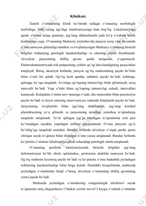 ylashgan tishlarning harakatchanligi bilan birga keladi. dastlabki bosqichlarda, markazda joylashgan o’smalardan farqli o’laroq, alveolyar o’simtaning shilliq qavatining yarasi paydo bo’ladi. markazda joylashgan o’smalarning rentgenologik tekshiruvi suyak to’qimasini aniq chegaralarsiz ("shakar yerishi tasviri") koyga o’xshash o’simtalar bilan shikastlanish joylarini ochib beradi. periferik joylashgan o’smalar suyak to’qimasini qirralarinig shikastlanishiga olib keladi, atrofdagi to’qimalar bilan aniq chegaraga ega bo’lmaydi. ba’zi hollarda suyaklarning haddan tashqari shakllanishi kuzatiladi, shu sababli ignasimon yoki plastinkasimon periostitning tasviri kuzatiladi. osteogen sarkoma (osteosarkoma). 10-20 yoshdagi erkaklarda ko’proq rivojlanadi va jag’larning eng keng tarqalgan birlamchi xavfli o’smalaridan biridir. o’sma osteoblast progenitorlari hujayralaridan rivojlanadi. morfologik variantga ko’ra o’simtaning uchta shakli mavjud: osteoblastik, osteolitik va aralash. osteoblastik shakl yetilmagan qo’pol tolali suyakning shakllanishi bilan tavsiflanadi, rentgenologik jihatdan chegaralari xiralashgan osteoskleroz o’choqlari sifatida belgilanadi. eng xarakterli belgilar keyingi davrda, o’simta kortikal qatlamni yo’q qilganda va o’simtaning yekstraossal komponenti paydo bo’lganda paydo bo’ladi. bu holda sarkomaning belgilaridan biri periosteumning "coleman visor" deb ataladigan yoki …