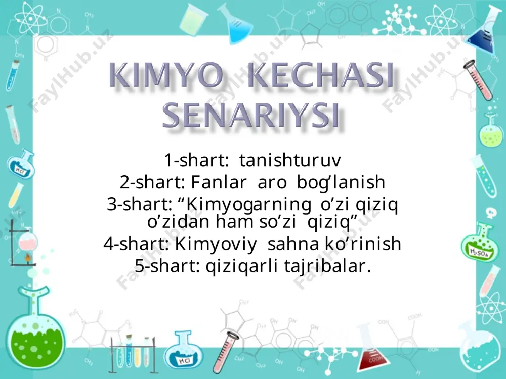 h kukunlari, bo‘yoqlardan jilolanar, nashrlar ruknlari. xulosa shu: – bashariyat – yuksaltirgach kimyoni, kimyo ilmi jilo berib, yuksaltirdi dunyoni! 1-boshlovchi: biroz so‘zamollik qildik chamasi, azizlar, bizlarni tutgaysiz ma’zur. kimyoviy ilmlarni o‘qing xammasin, ishonchimiz komil - qilgaysiz xuzur! misol, she’r o‘qishdan to‘xtab nixoyat, chin dildan etamiz sizlarga ta’zim. azizlar, shu bilan topdi nixoya – kimyoga atalgan tantana, bazm. 1-boshlovchi: bu kun ma’lum minglab xilda, kir yuvish kukunlari, bo‘yoqlardan jilolanar, nashrlar ruknlari. xulosa shu: – bashariyat – yuksaltirgach kimyoni, kimyo ilmi jilo berib, yuksaltirdi dunyoni!