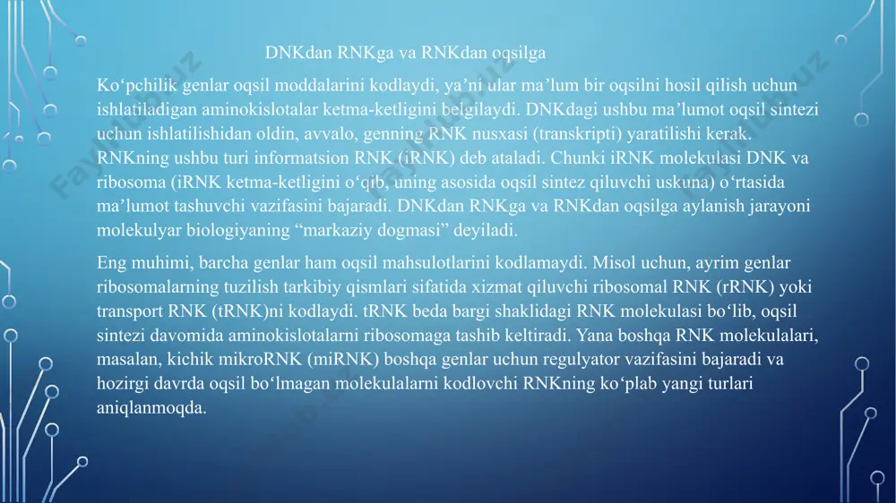 lashgan boʻlib, juftlashganda xuddi narvonning zinapoyalariga oʻxshash tuzilishni oladi. azot asoslari oʻzaro vodorod bogʻi orqali bogʻlanadi. dnk qoʻsh spirali tuzilishining modeli. spiralning ikkita zanjiri bir-biriga qarama-qarshi yoʻnalishga ega, yaʼni bir zanjirning 5ʼ oxiri ikkinchi (mos keluvchi) zanjirning 3ʼ oxiri bilan juftlashadi. (bu antiparallel joylashuv deb ataladi va dnk nusxasini olishda muhim ahamiyatga ega.) demak, qoʻsh spiral tarkibidagi ikkita qarama-qarshi har qanday asos oʻzaro juft hosil qilishi mumkin, shundaymi? javob: bunday boʻlishi mumkin emas. asoslarning oʻlchami va ular tutgan funksional guruhlarga koʻra juft hosil qilish yuqori darajada spetsifik xarakterga ega: a faqat t bilan va g faqat s bilan (yuqorida keltirilgani kabi) juft hosil qiladi. bu qoʻsh spiralning ikkita zanjiri yuqori darajada bir-biriga mos kelishi kerakligini anglatadi. ikkita dnk ketma-ketligi shu tarzda mos kelganda, ular bir-biriga antiparallel holatda bogʻlanadi va spiral hosil qiladi. bu zanjirlar bir-biriga komplementar deyiladi. dnk zanjiridagi komplementar asoslar oʻrtasida shakllangan vodorod bogʻi qoʻsh spiral tarkibidagi ikkita antiparallel …