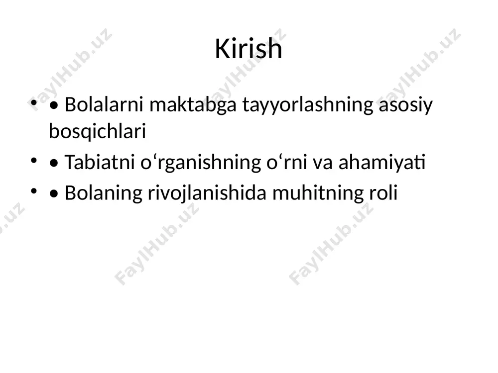 ki • uy sharoitida kuzatish, bog‘ yaratish • ota-onaning tabiatga mehr ko‘rsatishi • birgalikdagi ekoproyektlar muloqot va so‘z boyligini oshirish • atamalar: daraxt, gul, barg, hayvon nomlari • tavsiflovchi so‘zlar: katta-kichik, iliq-sovuq • tasvirlash orqali nutqni rivojlantirish ijtimoiy ko‘nikmalarni rivojlantirish • guruh bo‘lib ishlash • baham ko‘rish va navbat kutishni o‘rganish • tabiyatda madaniyatli harakat qilish ekologik tarbiya • atrof-muhitni asrashga o‘rgatish • chiqindilarni ajratish, tozalikka o‘rgatish • daraxt ekish tadbirlari maktabga tayyorlik darajasini aniqlash • mustaqil fikrlash va kuzatuv qobiliyati • vazifalarni bajarishdagi faollik • ijodiy yondashuv va qiziqish amaliy misollar • urug‘ ekish va o‘sish bosqichlarini kuzatish • har faslda kundalik yuritish • har kuni bir tabiat hodisasini muhokama qilish xulosa • tabiat – eng boy va bepul o‘quv manbai • bolalarda kuzatuvchanlik, fikrlash va ijodkorlikni shakllantirish • tabiat bilan tanishtirish – hayotga tayyorlash yo‘li /docprops/thumbnail.jpeg