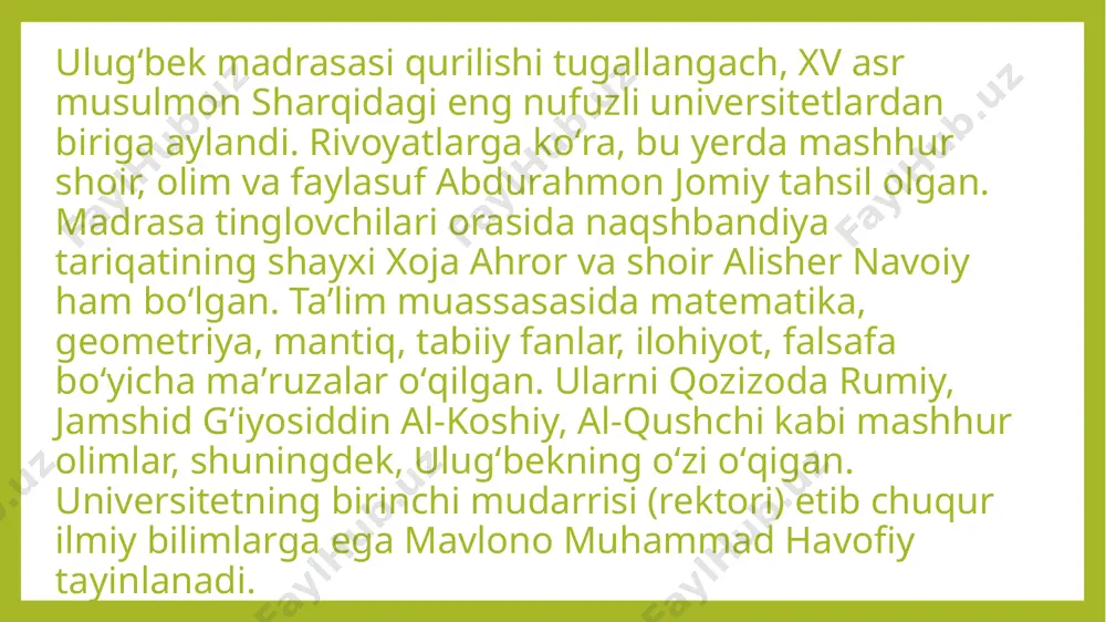 zaklari qayta tiklandi va masjidning tashqi gumbazi oʻrnatildi. 1979-yilda masjidning ichki qismlarida tiklash ishlari yakunlandi. hozirda tillakori madrasasida muzey koʻrgazmasi joylashgan. mezana (arab.) — minoraning yuqori qismi, muazzin azon aytadigan joy. tillakori masjid-madrasasi mezanasi tillakori madrasasi ichki gumbazining ost koʻrinishi binokorlar madrasaning registonga qaragan peshtogʻini sherdor madrasa va ulugʻbek madrasasi bilan moslashtirib qayta qurdi. peshtoq ravogʻi va ravoq ichidagi qalqonsimon bagʻali, guldastasi hamda xonaqoh gumbazi, ichidagi tilla halli boʻrtma naqshlari qayta jilolandi (1974). baland gyuygumbazi ustiga feruza rang koshin bilan qoplangan gumbaz oʻrnatildi. bosh tarzidagi bezak mavzularining boyligi, ichki va tashqi naqshlarning serxashamligi, peshtoq qanosi va tokchasidagi iroqi kashtani eslatuvchi bezaklar, boʻrtma yozuvlar oʻziga xosdir. ravoq burchaklari, bezakli toqilarni toʻldirishda koshinpaz ustalar turli usullarni qoʻllashgan (gʻishtlarning mayda naqshlari koshinlarning handasiy va islimiy naqshlari bilan moslashtirilgan). koshinkori ravoklarda yashil tangachalar, sargʻish yaproqlar va feruza poyalar aks ettirilgan. xonaqoh izorasi koshinnamoyon, devori, gumbazi va bagʻali kundal uslubidagi serhasham naqshlarga boy. mehrob ravogʻi …