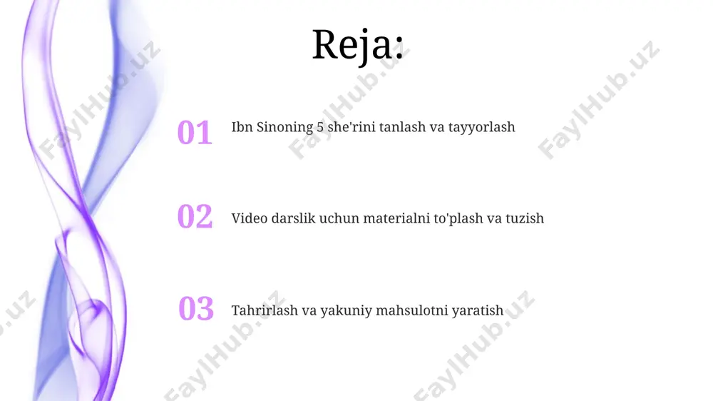 in. she'rlar mazmunini tahlil qilish she'rlarning mazmun tahlilida, 7 ta asosiy falsafiy tushuncha, jumladan, xorazm va marv shahriga oid tarixiy ma'lumotlar bilan bog'liq bo'lgan 3 ta mavzu aniqlanishi mumkin. ibn sina she'rlaridagi 5 ta asosiy obrazning har biriga 8 dan 12 gacha lug'aviy ma'nolarni belgilash orqali, she'riy matnning semantik chuqurligini ochib berish mumkin. ibn sinoning 5 she'rini tanlash ибн синонинг 5 шеърини танлашда, 11-асрдаги марв ва балх каби шаҳарлардаги маданий муҳит ва адабий анъаналарни ҳам инобатга олиш зарур. 5 шеърни танлашда, ибн синонинг фалсафа, тиббиёт ва шеъриятга қўшган ҳиссасини акс эттирадиган, маънодор ва таъсирчан асарларни танлашга алоҳида эътибор қаратиш керак. tayyor videoni taqdim etish video ni 720p yoki 1080p kabi yuqori sifatda, professional ko‘rinishga ega qilib, aniq va ravshan ovoz bilan, subtitrlar bilan (ingliz va arab tillarida) taqdim etish kerak. video darslik sifatida foydalanish uchun 3 ta alohida qismga bo‘linishi mumkin: kirish (2 daqiqa), asosiy qism (15 daqiqa) va yakunlovchi …