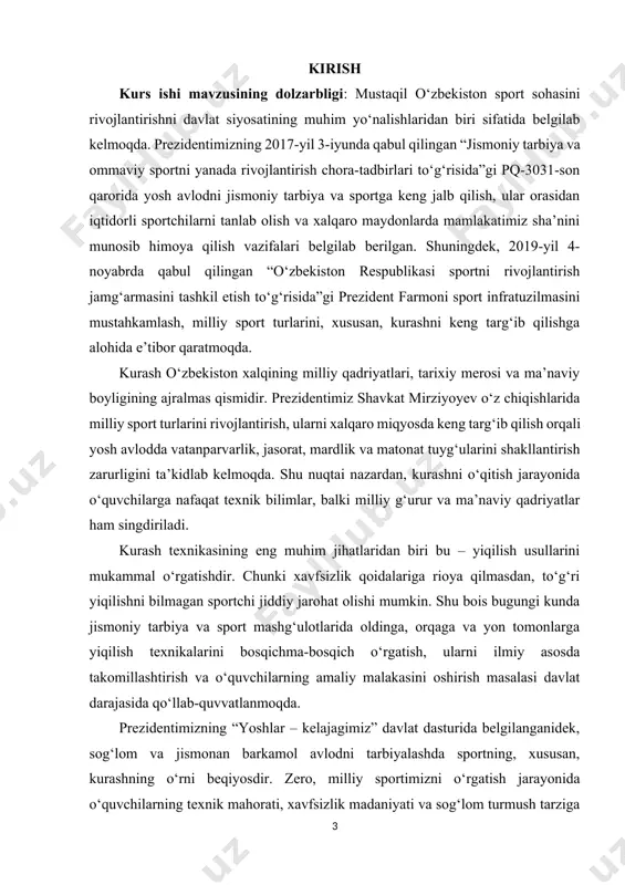 lmoqda. shu nuqtai nazardan, kurashni o‘qitish jarayonida o‘quvchilarga nafaqat texnik bilimlar, balki milliy g‘urur va ma’naviy qadriyatlar ham singdiriladi. kurash texnikasining eng muhim jihatlaridan biri bu – yiqilish usullarini mukammal o‘rgatishdir. chunki xavfsizlik qoidalariga rioya qilmasdan, to‘g‘ri yiqilishni bilmagan sportchi jiddiy jarohat olishi mumkin. shu bois bugungi kunda jismoniy tarbiya va sport mashg‘ulotlarida oldinga, orqaga va yon tomonlarga yiqilish texnikalarini bosqichma-bosqich o‘rgatish, ularni ilmiy asosda takomillashtirish va o‘quvchilarning amaliy malakasini oshirish masalasi davlat darajasida qo‘llab-quvvatlanmoqda. prezidentimizning “yoshlar – kelajagimiz” davlat dasturida belgilanganidek, sog‘lom va jismonan barkamol avlodni tarbiyalashda sportning, xususan, kurashning o‘rni beqiyosdir. zero, milliy sportimizni o‘rgatish jarayonida o‘quvchilarning texnik mahorati, xavfsizlik madaniyati va sog‘lom turmush tarziga bo‘lgan intilishi shakllanadi. shu boisdan kurashda oldinga, orqaga va yon tomonlarga yiqilish texnikasini o‘rgatish nafaqat sportchi mahoratini oshirish, balki ularning sog‘lig‘ini saqlash, ruhiy va jismoniy jihatdan chiniqtirish, milliy qadriyatlarga hurmat tuyg‘usini kerak. kurs ishining maqsadi: o‘quvchi va sportchilarda xavfsiz yiqilish ko‘nikmalarini shakllantirish, ularni …