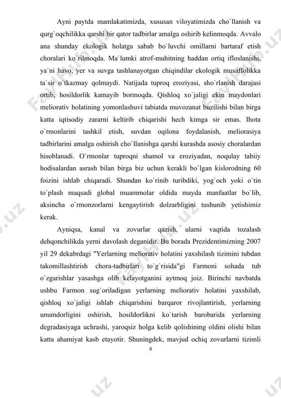 riladi. bu tadbirlar natijasida 8310 gektar sug`oriladigan yerlarning meliorativ holati yaxshilanadi. 39750 gektar maydondan sizot suvlarining chiqib ketishi kafolatlanadi. shuningdek, 2008-2012 yillarga mо`ljallangan sug`oriladigan yerlarning meliorativ holatini yaxshilash bо`yicha davlat dasturida meliorativ inshootlarni qurish, rekonstruksiya qilish va ta`mirlash bо`yicha ham bir qator ishlar amalga oshirib kelinmoqda. yer resurslaridan maqsadli, oqilona foydalanish, muhofaza qilish yuzasidan olib borilayotgan ishlar samaradorligi oshib borayotir. bulardan kо`rinib turibdiki, yerlarning yaroqlilik holati, sifatini oshirish uchun birgina viloyatimizda katta hajmda ishlar olib borilayapti. bu о`z о`rnida chо`llanishning oldini olishda katta ahamiyat kasb etayotir. shuni nazarda tutgan holda biz ushbu bitiruv malakaviy ishimizni ihota daraxtlarini bugungi ahvolini о`rganishn oldimizga maqsad qilib qо`ydik va quyidagi vazifalarni bajardik. bitiruv malakaviy ishning vazifasi.. - nishon tumani ch.begimqulov jamoa xо`jaligiga qarashli maydonlardagi ihota daraxtlarining bugungi holatini о`rganish -daraxtlarning zararkunandalarini о`rganish -suv rejimi kо`rsatkichlarini о`rganish olingan natijalar va ularning yangiligi. bizning kuzatishlarimizcha chо`l sharoitida ihotazorlashtirish uchun ekilgan qayrag`ochlarning umr kо`rishi darajasi 40-50 yil …