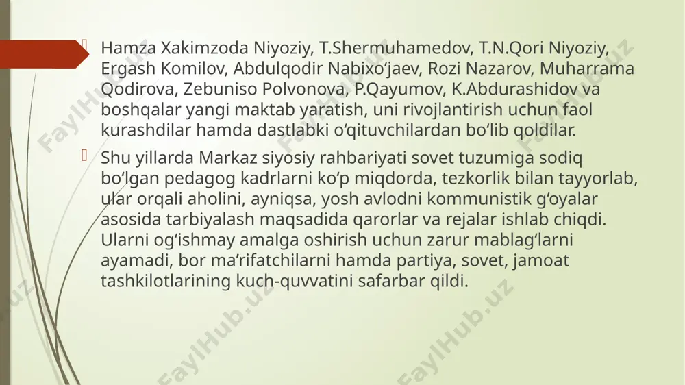 araqqiyotining manfaatlari xalq xo‘jaligi va madaniyatining turli sohalari uchun yuqori malakali mutaxassislar tayyorlashni tezlashtirishni talab qilar edi. tabiiyki, buni markaziy hukumat tushunardi, lekin unga o‘zbekistonning xalq xo‘jaligi barcha tarmoqlarida sotsializm, marksizm-leninizm g‘oyalari bilan sug‘orilgan itoatgo‘y yuqori malakali mutaxassis kadrlar kerak edi, shuning uchun oliy o‘quv yurtlarining ta’lim-tarbiya dasturlari, o‘quv rejalari, qo‘llanmalari va hokazolari avvalo kommunizm printsiplariga asoslangan bo‘lib, mutaxassislarni 4-5 yil muddat davomida partiya, sovet davlatiga sadoqatli bo‘lish bilan birga sinfiylik ruhida tarbiyalashga qaratilgan edi. 20-yillarning ikkinchi yarmida o‘rta maxsus va oliy ma’lumotli kadrlar tayyorlaydigan turli o‘quv yurtlari ochildi. davlat sinfiy tamoyilga amal qilib, bu o‘quv yurtlariga ishchi va dehqonlarning kirishi uchun sharoitlarni ta’minlab berdi. boshqa toifadagi odamlar bu o‘quv yurtlariga kira olmas edi. oliy o‘quv yutlarida o‘qish uchun zarur bo‘lgan umumiy ma’lumotni qisqa muddat ichida olish maqsadida ishchi fakultetlari tarmogi yaratildi. shu tufayli 20-yillarning oxiridayoq respublikadagi oliy o‘quv yurtlarida asosan ishchi va dehqonlardan iborat 4 ming nafarga yaqin talabalar …