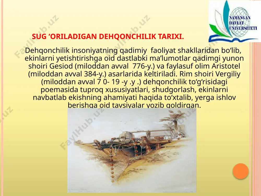 . tuproq ichidan sug‘orishning avzalliklari: sug‘orish meyorining 15-40% ga kamligi; suvni bug‘lanishga isrof bo‘lishini keskin pasayishi (0,98-0,99), begona o‘tlarning chiqmasligi,ochiq sug‘orish tarmoqlarining yo‘qligi, sug‘orish suvi bilan mineral o‘g‘itlarni berish mumkinligi,tuproqning zichlashmasligi, qatororasiga ishlov berilmasligi; hosildorlikning 20-40% gacha oshishi va b. tomchilatib sug‘orish- maxsus filtrlar yordamida tozalangan suv tomchilatgichlar orqali tomchi shaklida tuproqqa berilib,o‘simlikning ildiz tizimi joylashgan qatlamini o‘zini (lokal) namiqtirishdir. tomchilatib sug‘orishning avzalliklari: suv tejamkorligi (40-50%) suvni filtratsiyasi va bug‘lanishi kamligi,oqava chiqarmasligi.qator oralarining zichlanmasligi,irrigatsiya eroziyasining yo‘qligi,o‘g‘itlarni tuproqqa suv bilan lokal kiritilishi,murakkab relyeflarda qo‘llash mumkinligi.hosildorlikning 50% gacha oshishi va b. aerozol (tuman hosil qilib,mayda dispers) sug‘orish ayrim adabiyotlarda mayda dispers yomg‘irlatish yoki tuman holida sug‘orish deb yuritiladi. sug'orishning eng yangi usuli bo'lib, qishloq xo'jaligi ekinlari uchun qulay mikro iqlimni vujudga keltiradi. aerozol sug'orishda havoni yerga yaqin qatlamining nisbiy namligi oshiriladi, o'simlik yer ustki organlarining harorati 6 - 1 2 gradusga pasaytiriladi. bunday sug'orish kunning eng issiq vaqtida har bir-ikki soatda qayta-qayta …