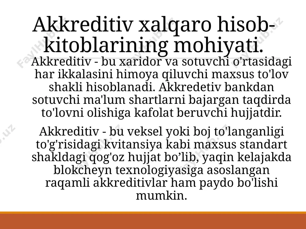 ariza beruvchining iltimosiga binoan akkreditivni chiqaradigan (ochadigan) bank. qoidaga ko'ra, importyorga xizmat ko'rsatuvchi bank emitent bank sifatida ishlaydi. bank o'z nomidan akkreditiv ochishi ham mumkin. benefitsiar - uning foydasiga akkreditiv berilgan tomon. qoidaga ko'ra, eksportyor benefitsiar sifatida ishlaydi. qaytarib bo'lmaydigan akkreditiv - bu foyda oluvchining roziligisiz bekor qilinishi yoki o'zgartirilishi mumkin bo'lmagan akkreditiv. agar boshqacha shartlarda ko'rsatilmagan bo'lsa, ucp 600 bo'yicha akkreditiv qaytarib olinmaydi. maslahat beruvchi bank - emitent bankning akkreditiviga maslahat beruvchi (uning ochilishi yoki o'zgartirilganligi to'g'risida xabar beruvchi) bank. eksport qiluvchining banki, shuningdek akkreditiv matni uzatiladigan barcha banklar maslahatchi bank sifatida qatnashishi mumkin. tasdiqlovchi bank - emitent bankning ko'rsatmasi yoki so'roviga muvofiq, ushbu akkreditiv bo'yicha hujjatlar to'g'ri taqdim etilgan taqdirda, emitent bankning akkreditiv bo'yicha to'lovni amalga oshirish majburiyatiga qo'shimcha ravishda o'zining moliyaviy majburiyatini, ya'ni o'zining akkreditivni tasdiqlovchi hujjatini qo'shadigan bank. ijro etuvchi bank – akkreditiv shartlariga ko‘ra akkreditiv bo‘yicha to‘lovni amalga oshirish huquqiga ega bo‘lgan bank (yoki har …