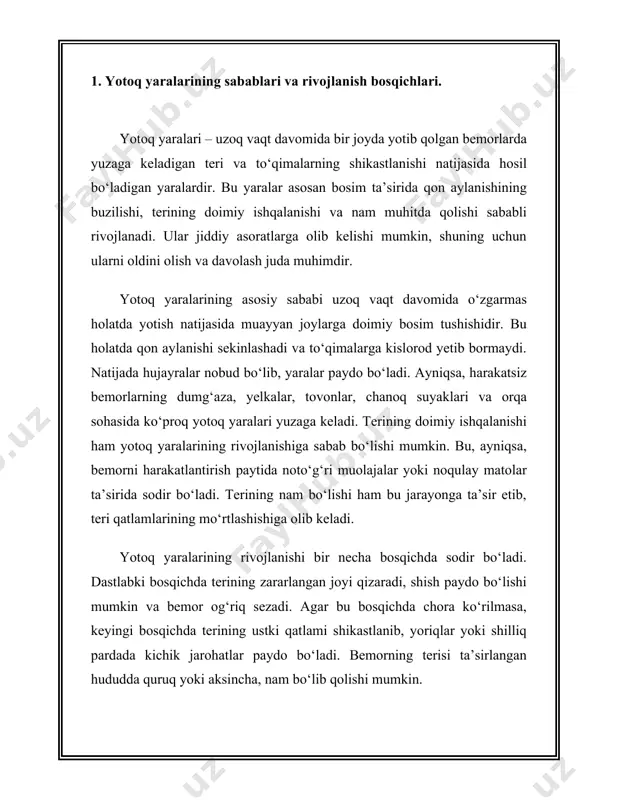 arini yuvishga qodir bo‘lmasa, maxsus paxtali tamponlar yoki yumshoq cho‘tkalar yordamida tish va milklar tozalanadi. og‘iz bo‘shlig‘ini yuvish uchun antiseptik eritmalar ishlatilishi mumkin. ovqat qoldiqlari va bakteriyalar to‘planishi oldini olish uchun til va milklar ham tozalab turilishi lozim. yotoq rejimida bo‘lgan bemorlar uchun choyshablar har kuni yoki lozim bo‘lsa, tez-tez almashtirilishi kerak. yostiq va matraslar yumshoq bo‘lib, bosim tushadigan joylarga maxsus yostiqchalar qo‘yilishi muhimdir. bemorning yotoqda uzoq vaqt bir xil holatda qolmasligi uchun uni har ikki soatda boshqa tomonga o‘girish kerak. bu yotoq yaralarining oldini oladi va qon aylanishini yaxshilaydi. qo‘l gigiyenasi ham muhim bo‘lib, bemorlar qo‘llarini muntazam yuvishi yoki antiseptik vositalar bilan tozalashi lozim. parvarish qiluvchi shaxslar esa bemorga tegishdan oldin va keyin qo‘llarini sovun bilan yuvishlari kerak. bu infeksiya xavfini kamaytiradi va bemorning umumiy holatini yaxshilaydi. bemorning kiyimlari doimo toza va yumshoq bo‘lishi kerak. sintetik matolar o‘rniga tabiiy, havo o‘tkazuvchi materiallardan tikilgan kiyimlar tavsiya etiladi. juda tor yoki …