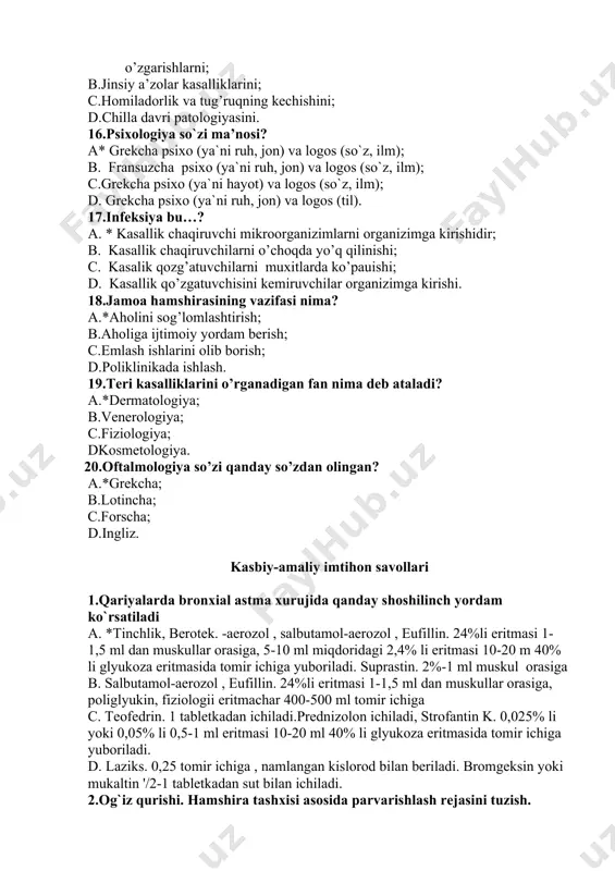 cha; d.ingliz. kasbiy-amaliy imtihon savollari 1.qariyalarda bronxial astma xurujida qanday shoshilinch yordam ko`rsatiladi a. *tinchlik, berotek. -aerozol , salbutamol-aerozol , eufillin. 24%li eritmasi 1- 1,5 ml dan muskullar orasiga, 5-10 ml miqdoridagi 2,4% li eritmasi 10-20 m 40% li glyukoza eritmasida tomir ichiga yuboriladi. suprastin. 2%-1 ml muskul orasiga b. salbutamol-aerozol , eufillin. 24%li eritmasi 1-1,5 ml dan muskullar orasiga, poliglyukin, fiziologii eritmachar 400-500 ml tomir ichiga c. teofedrin. 1 tabletkadan ichiladi.prednizolon ichiladi, strofantin k. 0,025% li yoki 0,05% li 0,5-1 ml eritmasi 10-20 ml 40% li glyukoza eritmasida tomir ichiga yuboriladi. d. laziks. 0,25 tomir ichiga , namlangan kislorod bilan beriladi. bromgeksin yoki mukaltin '/2-1 tabletkadan sut bilan ichiladi. 2.og`iz qurishi. hamshira tashxisi asosida parvarishlash rejasini tuzish. 3.qo`lni gigiyenik yuvish ketma- ketlik algoritmi tog`ri ko`rsatilgan qatorni ko`rsating. 1.qo`llar namlanadi 2.sovun surtiladi 3.har bir barmoq alohida.4.кафтлар бир-бирига ишқаланади 5.kaftlar orqasi ham bir-biriga ishqalab yuviladi .6.qo`llar butun yuzasi bilan ishqalab sovunlanadi7.qo`llat …