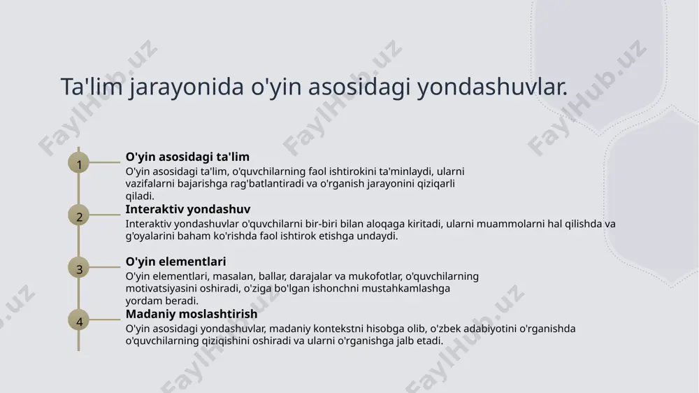 anish - o'yinlar orqali talabalar o'zbek madaniyatini interaktiv tarzda o'rganadilar. bu jarayon, an'anaviy bilimlarni o'zlashtirishni osonlashtiradi. 3 qiziqishni oshirish - o'yinlar, talabalarni faol ishtirok etishga undaydi. bu, o'z navbatida, ta'lim jarayonida ularga ko'proq qiziqish uyg'otadi. xulosa 1 o'yin texnologiyalari ta'limda o'yin texnologiyalari talim jarayonida muhim rol o'ynaydi, o'quvchilarning motivatsiyasini oshiradi va interaktiv tajribalar orqali bilimni yanada chuqurlashtiradi. 2 g'afur g'ulom asarlari g'afur g'ulomning asarlarida o'yin texnologiyalari qo'llanilishi, o'quvchilarga madaniyat va tarixni o'rganishda innovatsion yondashuvlar taqdim etadi. 3 interaktiv ta'limning ahamiyati interaktiv ta'limda o'yin asosidagi yondashuvlar, talabalarning qiziqishini oshiradi va ularni faol ishtirok etishga undaydi, bu esa ta'lim samaradorligini oshiradi. e'tiboringiz uchun rahmat! /docprops/thumbnail.jpeg