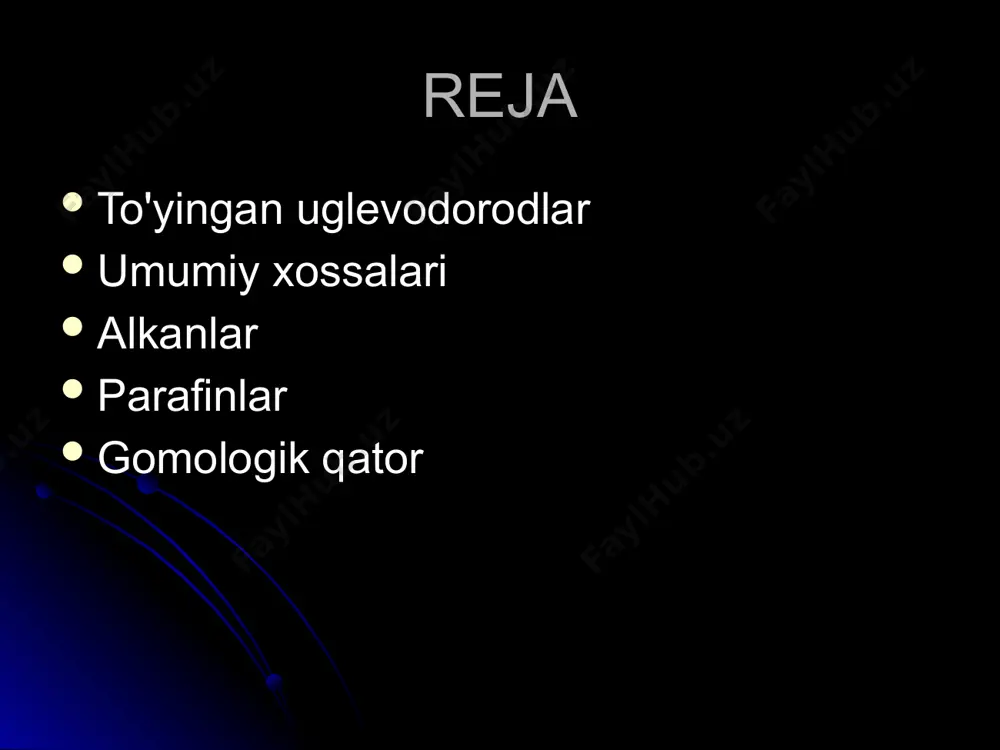 n, etan, propan, butan) — gazlar, c5h12 dan c16h34 gacha suyuqliklar, c17h36 dan boshlab — qattiq moddalar. bir valentli radikallarning nomi tegishli uglevodorod nomidagi -an qo'shimchani -// qo'shimchaga almashtirib hosil qilinadi. to'yingan uglevodorodlar uglevodorodlarning ko'pligi izomeriya hodisasi bilan tushuntiri-ladi. molekulada uglerod atomlarining soni ortib borishi bilan izomerlar soni keskin ortadi. masalan, butanda izomer 2 ta, pentanda — 3 ta, geksanda — 5 ta, dekan c10h22 da esa 75 ta. ratsional nomenklaturaga asosan, hamma to'yingan uglevodo­rodlar metanning hosilasi deb qaraladi, ya'ni ular metanning bir yoki bir necha vodorod atomlari boshqa atom yoki radikallarga alma-shinishidan hosil bo'lgan deb qaraladi. uglevodorodlarni ratsional nomenklatura bilan atash uchun, awalo, eng ko'p uglerod atomlari bilan bog'langan uglerod atomi aniqlanadi va unga birikkan radikal­larning nomiga metan so'zi qo'shib aytiladi. ratsional nomenklaturada organik birikmaning necha xil radikal-lardan tuzilganligi aniqlanadi. ammo gomologik qatorda uglerod atomlari soni ortishi bilan izomerlar sonining ortishi ularni ratsional nomenklatura bilan atashni murakkablashtiradi. image1.png image2.png