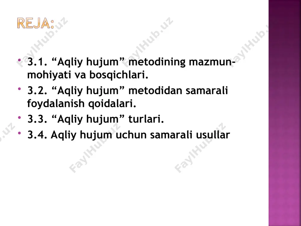 vaqt ichida muddatlarni belgilashda ishchilar o‘z-o‘zidan reaksiya ko‘rsatishga majbur. klassik aqliy hujumdan farqli o‘laroq, miya yozuvi jamoaviy dinamizmga zarar yetkazish uchun shaxsiy g‘oyalarni yozishni va keyinchalik to‘plashni o‘z ichiga oladi. belgilangan vaqtdan so‘ng, tashkil etuvchi har bir kishi yozgan narsalarni to‘playdi va yozuvlar ko‘rib chiqiladi va baholanadi. daftarlar aqliy hujumlar uchun juda mos keladi, ularni to‘liq bajarish uchun ancha vaqt talab etiladi. ushbu aqliy hujum usulida sizga bo‘sh daftar kerak bo‘ladi, keyinchalik u sizning ish joyingizda odamdan odamga uzatiladi. daftarni olgandan so‘ng, hamkasblar o‘zlarining fikrlarini yozib olishlari va allaqachon yozilgan g‘oyalarga sharh berishlari mumkin (yoki yashirin yoki ism bilan). aqliy hujum turlari afzalliklari kamchiliklari mos kelishi klassik aqliy hujum juda ijodiy va o‘z-o‘zidan, samarali, o‘yinli elementlar, yaxshi jamoa tuzish usuli vaqt va joyga juda bog‘liq, tashkil etuvchi tomonidan uzoq muddatli tayyorgarlik, muvaffaqiyatsizlik ehtimoli katta, hech qanday tarzda noma’lum emas, fikr egalari juda ta’sirli bo‘lib qolishi mumkin murakkab ierarxik tuzilmalarga ega …