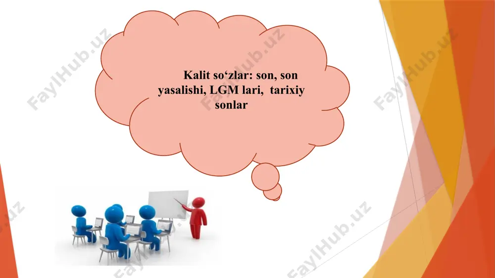 ‘rtinchi... kabi. bunlarg‘a ≪sara son≫ deymiz. 2. ko‘brak narsani baravar ulashkanda aytilaturg‘an (so‘zlar) biror tangadan, ikishar qalamdan, uchar daftar, beshar kitob... kabi. bunga ≪ulush son≫ deymiz. ko‘rinadirkim ≪ulush son≫ning sanalmishg‘a ≪dan — dan≫ ham qo‘shmoq mumkin bo`ladir. 3. birtadan kitob, beshtadan daftar, yigirmatadan oltin deganimizda bo‘lg‘an birtadan, beshtadan, yigirmatadan sonlari ≪ulush son≫ bo‘ladir. 4. ko‘b narsa — ko‘b kishining chin sonlarin onglatmay chamalabg‘ina aytmakchi bo‘lg‘anda ≪chama son≫ ishlatiladir: o‘nlab kitob, yuzlab kishi, yigirmalab bola kabi. 5. iki ≪sanoq≫ni birga qo‘shib aytganda ham ≪chama son≫ bo‘ladir: iki-uch talaba, o‘n-o‘n besh shahar, yigirma-o‘ttiz o y kabi. bu turli chama sondag‘i iki sanoqning orasig‘a chiziq qo‘ymoq kerakdir. 6. sanoqlaming ketlariga ≪ov — av≫ qo‘shilib yasalg‘an sonlarg‘a ≪sanalmishsiz≫ son deymiz. chunki bu turli sonlardan keyin sanalmishlari aytilmay qoladir: birov keldi, unlarmuchov bordilar, bolalaming oltovini ko ‘rdim kabi. iki, olti kabi oxirida ≪i — i≫ bo‘lg‘an sonlarg‘a ≪ov — av≫ qo‘shilg‘anda ≪i— i≫ tovishlari tushub …