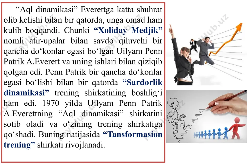 qirralarini kengaytirishni, hayotiy energiya va zaxiralarini oshirishni, hayotini yorqin voqealar bilan bezashni istaganlardir. shaxsni barkamollashtiruvchi treninglarning maqsadi – shaxsni psixologik jihatdan barkamollikka erishtirishdir. boshqacha aytganda, har qanday muammoli vaziyatda shaxsni faqat o‘zidan yordam olishga o‘rgatishdir. masalan, talabalar orasidan kimdir o‘zini “talabalikda berilayotgan barcha bilimlarni yaxshi egallayapman, men kelajakda yaxshi mutaxassislardan biri bo‘la olaman” deb hisoblaydi va bunga ishonadi. kimdir esa butunlay buning aksi, ya’ni bunday gapni aytish uchun o‘ziga ishonmaydi. hayotda o‘ziga ishongan odamlar bilan bir qatorda o‘ziga unchalik ishonmaydigan, ba’zan o‘ziga umuman ishonmaydigan kishilar har doim uchrab turadi. ular kutilmagan noqulay va noxush vaziyatlarga tez-tez tushib turadilar, shuningdek, bu vaziyatlarda himoyasizlik hamda yordamga muhtojlik holatida bo‘lishadi. bunday holatlarda aytish mumkinki, bundaylarni, ya’ni bu xil “omadsiz” odamlarni (buni ularning o‘zlari ko‘p ta’kidlashadi va atrofdagilarni ham, o‘zini ham shunga ishontirishadi) har doim ham atrofidagilar qo‘llayvermaydi. shuning uchun shaxs eng avvalo o‘zidan yordam olishga o‘rganishi – har qanday vaziyatda ham muammoni yechishning …