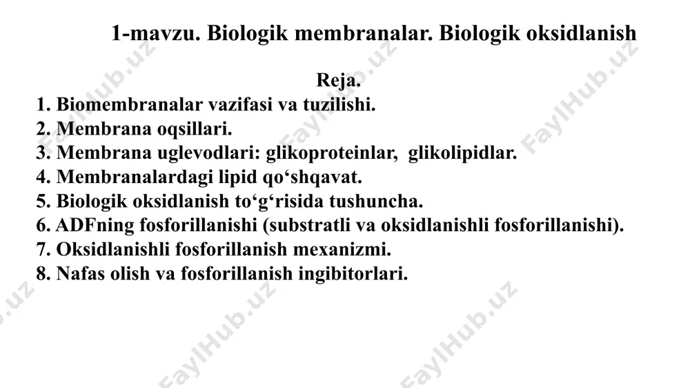 b chiqadi. misol tariqasida eritrotsit membranasi tarkibiga kiruvchi 2 ta oqsilni, periferik oqsil – spektrin va integral oqsil glikoforinni ko‘rib chiqamiz. spektrin – eritrotsit membranasi oqsillarining 20% ini tashkil etadi. u eritrotsit membranasining ichki tomoniga ion kuchlari yordamida yopishgan. uning globulyar molekulasi og‘irligi 200 000 dalton bo‘lgan ikkita polipeptid zanjiridan tarkib topgan. spektrin eritrotsit sharsimon shaklini saqlashda va membrananing pishiqligini ta’minlashda muhim ahamiyatga ega. glikoforin – tarkibida 50% dan ortiq uglevod tutuvchi glikoproteid membrana oqsillarining 10% ini tashkil etadi. molekula og‘irligi 50 000 dalton, 299 ta aminokislota qoldig‘idan tarkib topgan. bitta polipeptid zanjiridan iborat. unga 4–12 ta monosaxariddan tuzilgan 20 dan 30 tagacha oligosaxarid zanjiri yopishgan. oligosaxarid oxirgi uchidagi galaktoza qoldig‘iga sial kislota birikkan. glikoforin molekulasi uch qismdan iborat: ulardan biri hujayraning sirtqi tomonida joylashgan bo‘lib, uning uchidagi nh2 guruhiga oligasaxarid zanjiri birikkan, molekulaning karboksil uchi sitoplazma tomonga chiqqan: ular orasida gidrofob qismi lipid qo‘shqavati orasida joylashgan α−spiral shakliga ega. …