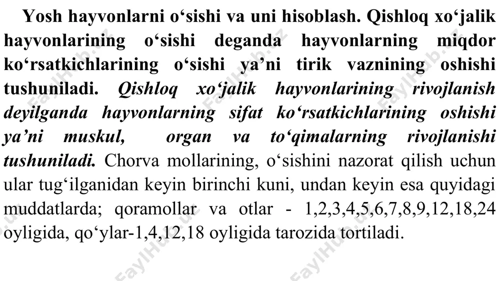 nisbiy o‘sish (%) tug‘ilganda 100 0 0 0 3 oylikda 247 6 oylikda 417 9 oylikda 550 12 oylikda 683 15 oylikda 803 18 oylikda 923 nazorat savollari 1. hayvonlarning o‘sishi deganda nimani tushunasiz? 2. hayvonotning rivojlanishi deganda nimani tushunasiz? 3. hayvonlarni o‘sishini o‘rganish nima uchun zarur? 4. qaysi vaqtda hayvonlarni o‘sishi aniqlanadi? 5. tirik vazn qaysi usulda aniqlanadi? 6. mutloq o‘sish qanday aniqlanadi? 7. kunlik va nisbiy o‘sish usullari? darsning maqsadi: sog‘in sigirlaming sut mahsuldorligini asosiy ko‘rsatkichlari bilan tanishish va sut mahsuldorligiga baho berish. laktatsiya davri davomidagi, kalendar yil davomidagi sog‘iladigan sutning miqdori, uning tarkibidagi yog‘lilik va oqsillik me’yorini hisobga olish usullarini o‘rganish. darsga kerakli jihozlar: sigirlaming sut mahsuldorligini hisobga olishda xo'jalikda yuritiladigan 6-7 shakldagi sut daftarlari, kalkulyator. sigirlar sut mahsuldorligini hisobga olishda amaliyotda quyidagi usullardan foydalaniladi. a. sutni kunlik hisobga olish. bunda sigir bir kun davomida necha marotaba (ikki yoki uch) sog‘ilsa, har bir sog‘im suti alohida o‘lchanib …