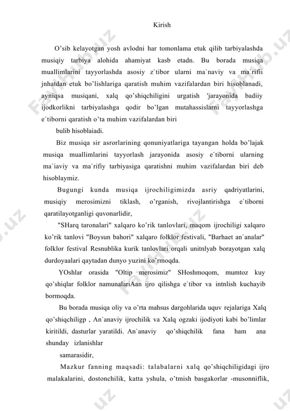 dir durdonasi hisoblangan maqomlar bo’yicha nazariy bilim va amalny tavsiyalar berishdan, umuman bo’.\g`usi muallimlari va san`atkorlarda . zstetkk his tuygu va estetik madaniyat. ko’nikmalarini to’la-to’kis shekllantirish, talabalarga xalq qo’shiqlarini jamoa bo’lib kuylay olish va maqoi guruhlarini tashkil qila olish texnologiyasi bo’yicha mukammal bilim berish hamda jamoaga rahbarlik qila olish xususiyatlar kabi ko’plab ko’nikma va malakalardan iboratdir. bu qo’llanmada - an`anaviy qo’shiqchilikning tarixiy ildizlari, o’tmish xonanda, bastakorlar ijodi, qo’shiqchilikning turlari, hamda kuylash jarayonida zarur bo’ladigan an`anaviy qushiqchilik namunalaridan iboratdir. mazkur qullanma san`at fakulteti talabalari, musiqa litsey va kollejlari, maktab o’qituvchilari hamda havaskorlik to’garaklari ijro repetuarlari uchun mo’ljallangan. an`anaviy qo’shiqchilik tarixidan qo’shiqchilik tarixi uzoq o’tmishga egadir. o’rta osiyo xalqlarining musiqa madaniyati tarixiga doir qadimiy yozma mambalar, arxeologik topilmalar shundan dalolat beradiki musiqa ijrochiligi nihoyatda mukammal rivojlangan. o’rta osiyo xalqlarining sunggi ming yillik musiqa madaniyati tarixiga oid yozma manbalar bizgacha etib kelxanligi musiqiy merosni avaylab asrab avloddan-avlodga, ustozdan-shogirdga meros qilib qoldirilishining yorqin namunasidir. …
