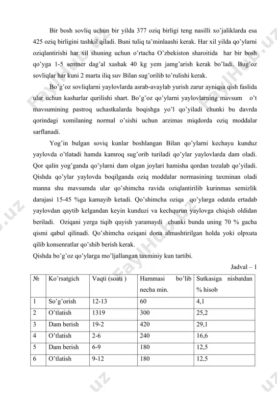 m oladi. qor qalin yog’ganda qo’ylarni dam olgan joylari hamisha qordan tozalab qo’yiladi. qishda qo’ylar yaylovda boqilganda oziq moddalar normasining taxminan oladi manna shu mavsumda ular qo’shimcha ravida oziqlantirilib kurinmas semizlik darajasi 15-45 %ga kamayib ketadi. qo’shimcha oziqa qo’ylarga odatda ertadab yaylovdan qaytib kelgandan keyin kunduzi va kechqurun yaylovga chiqish oldidan beriladi. oziqani yerga tiqib quyish yaramaydi chunki bunda uning 70 % gacha qismi qabul qilinadi. qo’shimcha oziqani dona almashtirilgan holda yoki olpxuta qilib konsenratlar qo’shib berish kerak. qishda bo’g’oz qo’ylarga mo’ljallangan taxminiy kun tartibi. jadval – 1 № ko’rsatgich vaqti (soati ) hammasi bo’lib necha min. sutkasiga nisbatdan % hisob 1 so’g’orish 12-13 60 4,1 2 o’tlatish 1319 300 25,2 3 dam berish 19-2 420 29,1 4 o’tlatish 2-6 240 16,6 5 dam berish 6-9 180 12,5 6 o’tlatish 9-12 180 12,5 bola tashlashning bir qancha sabablari mavjud: kasallik tufayli. oziqlantirish va asrash sharoitining noto’g’ri yo’lga qo’yilishidan. mexanik ta’surotlar …