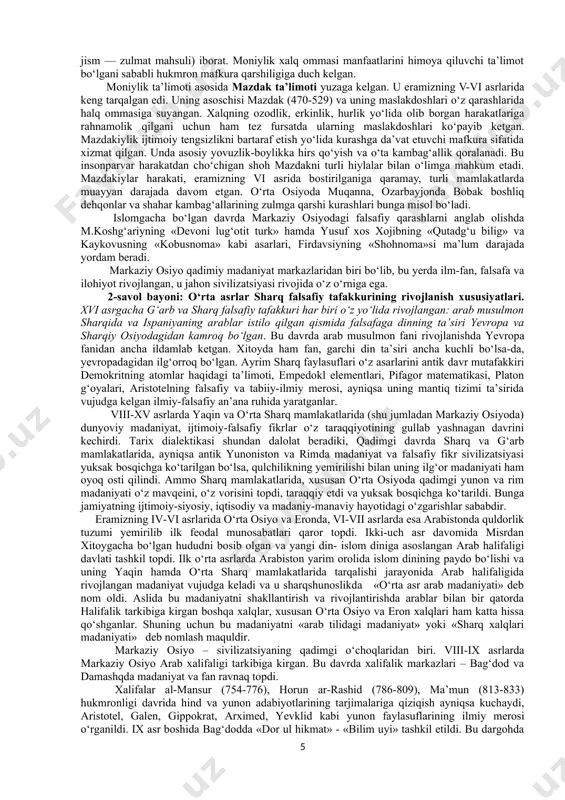 oviy bilimlar rivojiga o‘z ta’sirini o‘tkazgan. bunday ruhdagi falsafiy g‘oyalar ayniqsa qadimgi xitoy donishmandi konfutsiy (mil.av. 551-479 yy.) ijodida yaqqol aks etgan. uning «hikmatlari», ya’ni aforizmlari juda mashhur. konfutsiy ta’limotida umuminsoniy qadriyatlarning xitoy xalqi turmush tarzida o‘ziga xos tarzda namoyon bo‘lishi, bu xalqqa xos ma’naviy mezonlar aks etgan. bu ta’limot bir necha asrlar davomida ushbu hududda milliy g‘oyalar majmui, millatning mafkurasi sifatida odamlarning ma’naviy ongi va qiyofasi shakllanishiga ta’sir ko‘rsatgan. u hozirgi xitoyda ham o‘zining muayyan ahamiyatini saqlab qolgan. qadimgi xitoyning yana bir faylasufi lao-szidir (mil.av.vi-v asrlar). uning ta’limotiga ko‘ra, olam, jamiyat va inson hayoti dao qonuniga bo‘ysunmog‘i lozim. daosizm ta’limoti ana shu tariqa shakllangan. dao qonuni — tabiatning yashash qonunidir, undagi rang-baranglik kurashi va uyg‘unligi abadiyligining e’tirof etilishidir. bunga ko‘ra, olamning asosini tashkil etuvchi «si», ya’ni beshta unsur — olov, suv, havo, yer va yog‘och yoki metall olamdagi barcha jismlar asosini tashkil etadi hamda ularning yuzaga kelishini ta’minlaydi. lao-szining …
