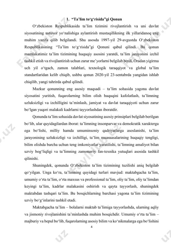 ogironligi bo‘lgan shaxslar va ijtimoiy himoyaga muhtoj qatlamlar uchun ta’lim olishda alohida sharoitlar yaratish kabi masalalar ham o‘z aksini topdi. shu bois, “ta’lim to‘g‘risida”gi qonun o‘zbekiston ta’lim tizimining asosiy tayanch huquqiy hujjati bo‘lib, u mamlakatimizning ijtimoiy-iqtisodiy rivojlanishida, yoshlarning barkamol avlod sifatida shakllanishida beqiyos ahamiyat kasb etadi. 6 2. “kadrlar tayyorlash milliy dasturi” o‘zbekiston mustaqillikka erishgach, mamlakatni modernizatsiya qilish, bozor iqtisodiyotiga o‘tish va zamonaviy davlat qurilishi jarayonlarida malakali mutaxassislar tayyorlash masalasi eng dolzarb vazifalardan biri sifatida maydonga chiqdi. shu sababli ta’lim tizimini tubdan isloh qilish, uni yangi mazmun va shakllar bilan boyitish zarurati yuzaga keldi. ana shu ehtiyoj asosida 1997-yil 29-avgustda “ta’lim to‘g‘risida”gi qonun bilan bir vaqtda o‘zbekiston respublikasining “kadrlar tayyorlash milliy dasturi” ham qabul qilindi. bu dastur mustaqil davlatimiz ta’lim tizimi tarixida tub burilish yasab, yangi modelni shakllantirishda poydevor bo‘ldi. dastur o‘zbekiston taraqqiyotining ijtimoiy-iqtisodiy, siyosiy va madaniy asoslarini mustahkamlashda muhim o‘rin tutadi. uning asosiy maqsadi – jamiyatning yangilanayotgan talablari asosida …