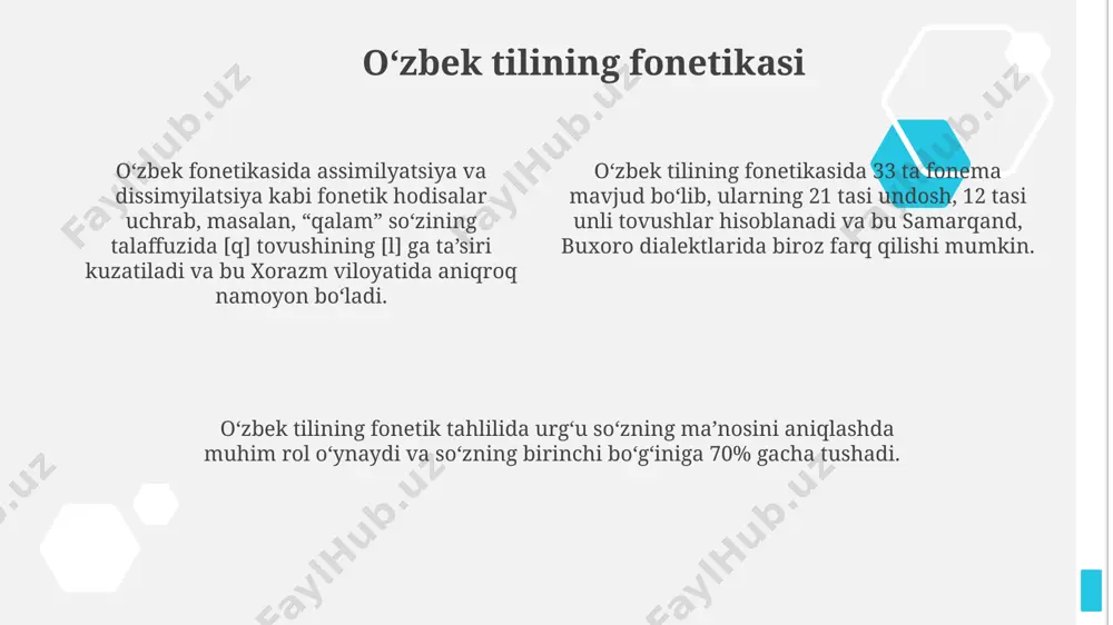 lari buni isbotlaydi. oʻzbek tilining morfologiyasida qoʻshimchalarning 5 ta asosiy turi mavjud boʻlib, ular soʻzlarga turli maʼnolarni beradi. xorazm viloyati lahjalarida baʼzi qoʻshimchalar oʻziga xos xususiyatlarga ega. oʻzbek tilida 12 ta harfga ega boʻlgan otlar mavjud boʻlib, ularning aksariyati samarqand va buxoro shevalarida qoʻllaniladi. morfologik tahlil natijalari bu faktni tasdiqlaydi. oʻzbek tilshunosligining muhim tadqiqotchilari oʻzbekistondagi tilshunoslik maktabining shakllanishiga samarqand davlat universiteti ham sezilarli ta'sir koʻrsatdi, 50 dan ortiq ilmiy monografiya va 300 dan ziyod ilmiy maqolalar chop etilgan. mustaqillikdan keyin oʻzbek tilshunosligi sohasida 100 dan ortiq yangi lugʻatlar va qoʻllanmalar yaratildi, bu esa tilning rivojlanishiga va uning boyligini saqlashga xizmat qildi. 1920-yillardan boshlab toshkentda faoliyat yuritgan alisher navoiy nomidagi til va adabiyot instituti oʻzbek tilshunosligiga katta hissa qoʻshgan koʻplab olimlarni, jumladan, 20 dan ortiq professor va doktorlarni tarbiyalagan. oʻzbek tilining dialektlari va lahjalari oʻzbek tilining dialektlari va lahjalarida 500 dan ortiq oʻziga xos soʻz va ifodalar mavjud boʻlib, ularning ba'zilari …