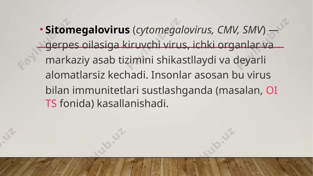 l bo’lgunga qadar 3-12 hafta vaqt o’tadi va bu kasallikning inkubatsiya davri deyiladi. smv infektsiyasi odatda yaxshi sifatlidir. sitomegalovirus infektsiyasining belgilari va alomatlari smv bilan kasallangan ko’p odamlar belgilar yoki asoratlar tarixini aytib bera olishmaydi va kasallangan odam bilan aloqani eslay olishmaydi, shuning uchun ko’pchilik odamlar, ular zararlanganlarini bilishmaydi. o’tkir smv infektsiyani gepatit a, b, gepatit c yoki epshteyn-barr virusi tufayli yuqumli mononukleoz kabi bo’lishi mumkin. mononukleoz alomatlari o’z ichiga olishi mumkin: isitma; holsizlik; limfa tugunlarining kattalashishi; tomoq og’rig’i; mushaklardagi og’riq; ishtahani yo’qotish; jigar yoki taloq hajmini oshishi. ko’pgina smv infektsiyalariga tashxis qo’yilmaydi, chunki virus amalda hech qanday belgilar namoyon qilmaydi. kishi sitomegalovirusga chalinsa, unga qarshi antitanalar (oqsillar) yoki sitomegalovirusga qarshi igm va / yoki igg antitanalar inson hayotining oxirigacha tanasida qoladi. agar odamda smv infektsiyasi bo’lsa, antitanalarni aniqlash uchun qon tahlili natijasi ijobiy bo’ladi. antitanalar tekshiruvi natijasi salbiy bo’lsa, u odam sitomegalovirus bilan kasallanmagan deb hisoblanadi. sitomegalovirusni davolash ushbu …