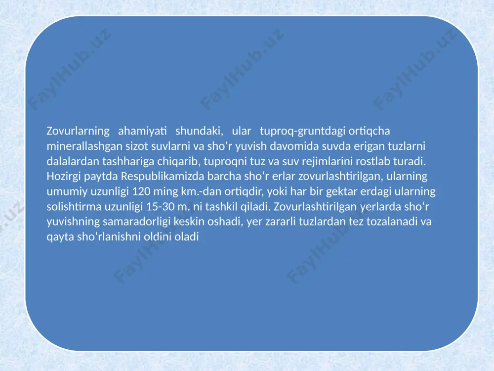 gik sharoitlari bo‘yicha maxsus yo‘nalish chizig‘ida joylashtiriladi. ularning orasidagi masofa 1,5-2,0 km, qatto bundan ham ko‘p bo‘lishi mumkin. tik zovurlardan chiqarilgan suvlarning sifatiga qarab, turli ehtiyojlarda ishlatish mumkin. chuchuk suv bo‘lsa undan aholi va chorva mollarini suv bilan ta’minlashda va ekinlarni sug‘orishda foydalanish mumkin. suv kuchsiz va o‘rtacha (3-6 g/l) minerallashgan bo‘lsa, bunday suvlar bilan qishloq xo‘jalik ekinlarni sug‘orishda maxsus sug‘orish texnologiyalari joriy etilishi lozim. tik zovurlardan chiqarilgan suvlar kuchli minerallashgan bo‘lsa, ular maxsus tarmoqlar orqali ochiq zovurlarga yoki kollektorlarga oqiziladi 5.zovur-kuduqlarni joylashtirish tizimi. ulardan erlarni meliorasiyalashda va suv bilan taminlashda foydalanish. sug‘oriladigan dehqonchilik sharoitida kollektor-zovur tarmoqlarining faoliyati ilmiy asosda loyihalashtirilganligiga va qurilish sifatiga va ulardan to‘g‘ri foydalanishga bog‘liq bo‘ladi. o‘zbekistonda 138,8 ming km kollektor-drenaj tarmoqlari mavjud bo‘lib, shundan 38 ming km yopiq-yotiq kollektor-drenajlardan iborat. hozirgi kunda respublikada 3500 ta tik drenaj va 3500-4000 ta tik quduqlar bo‘lib, bular asosan sirdaryo, buxoro, qashqadaryo, hamda farg‘ona vodiysi viloyatlarida joylashgandir. o‘zbekistonda uzoq …