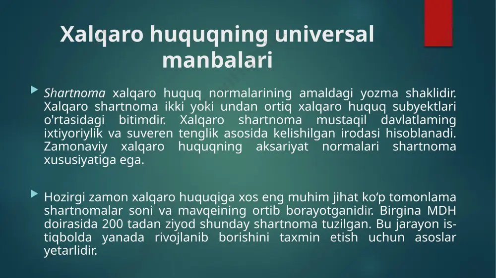 lalar bo’yicha xalqaro shartnomalar tayyorlash va qabul qilishi bi­lan ajralib turadi. bunday hollarda xalqaro tashkilot doimiy ravishda shartnoma loyihalarini tayyorlash uchun zarur tashkiliy asoslarga ega bo’ladi. bunda xalqaro shartnoma ham, uni qabul qilish jarayoni ham to’g’ridan to’g’ri muzokaralar davomida yoki xalqaro konferensiyalarda tasdiqlanadigan shartnomalardan ko’p farq qilmaydi. xalqaro tashkilotlarga a’zo davlatlar vakillari o’rtasidagi muntazam aloqalar tufayli tashkilotda u yoki bu sohada mavjud ehtiyojlar va yangi shakllar yaratish zarurati zudlik bilan aniqlab olinadi. shuning uchun xalqaro tashkilot doirasida yangi xalqaro-huquqiy normalar tayyorlashni tashkillashtirish qulayroq va ularni mazmun-mohiyati bo’yicha darajalab chiqish ancha osondir. hozirgi zamon xalqaro shartnomalari nafaqat yuridik soha, balki siyosiy, iqtisodiy, harbiy, transport, aloqa, sog’iiqni saqlash kabi max­sus sohalar bo’yicha ham yuksak malakali bilimga ega bo’lishni talab qiladi va aynan xalqaro tashkilotlar doirasida yuqori saviyali ekspertlardan foydalanishni ta’minlash imkoniyati nisbatan kengroqdir. bu ayniqsa maxsus masalalar bo’yicha tuzilgan xalqaro tashkilotlar va bmtning ixtisoslashtirilgan muassasalariga ko’proq taalluqlidir. transport, aloqa, sog‘liqni saqlash kabi …