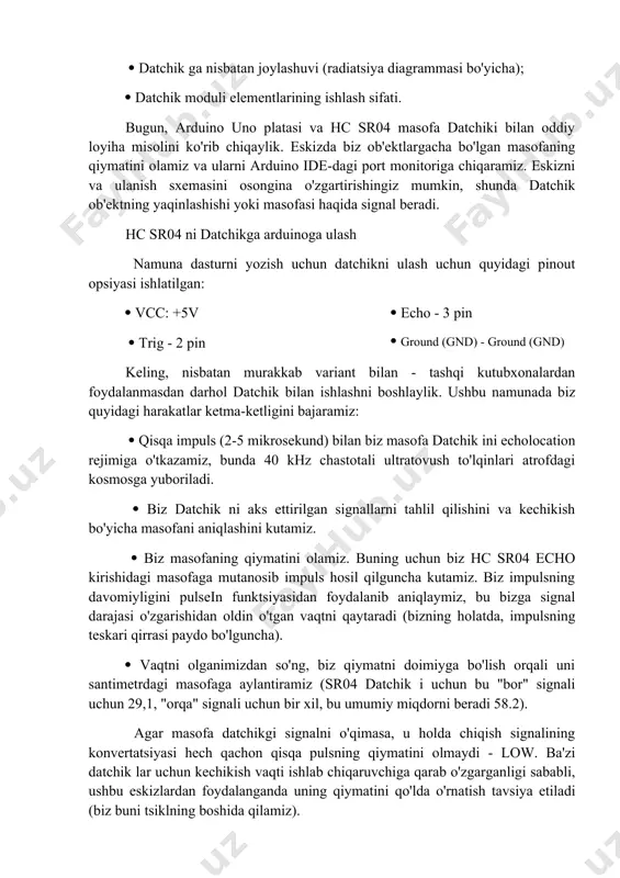 iga o'tkazamiz, bunda 40 khz chastotali ultratovush to'lqinlari atrofdagi kosmosga yuboriladi. biz datchik ni aks ettirilgan signallarni tahlil qilishini va kechikish bo'yicha masofani aniqlashini kutamiz. biz masofaning qiymatini olamiz. buning uchun biz hc sr04 echo kirishidagi masofaga mutanosib impuls hosil qilguncha kutamiz. biz impulsning davomiyligini pulsein funktsiyasidan foydalanib aniqlaymiz, bu bizga signal darajasi o'zgarishidan oldin o'tgan vaqtni qaytaradi (bizning holatda, impulsning teskari qirrasi paydo bo'lguncha). vaqtni olganimizdan so'ng, biz qiymatni doimiyga bo'lish orqali uni santimetrdagi masofaga aylantiramiz (sr04 datchik i uchun bu "bor" signali uchun 29,1, "orqa" signali uchun bir xil, bu umumiy miqdorni beradi 58.2). agar masofa datchikgi signalni o'qimasa, u holda chiqish signalining konvertatsiyasi hech qachon qisqa pulsning qiymatini olmaydi - low. ba'zi datchik lar uchun kechikish vaqti ishlab chiqaruvchiga qarab o'zgarganligi sababli, ushbu eskizlardan foydalanganda uning qiymatini qo'lda o'rnatish tavsiya etiladi (biz buni tsiklning boshida qilamiz). agar masofa 3 metrdan ortiq bo'lsa, hc sr04 yomon ishlay boshlasa, …