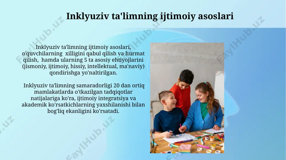 ivojlantirish – inklyuziv ta'limning samaradorligini oshirishda muhim rol o'ynaydi. ota-onalar bilan maktab o'rtasidagi samarali hamkorlik, kamida 2 marta semestrda o'tkaziladigan individual uchrashuvlar orqali, bolaning o'quv jarayoniga individual yondashuvni ta'minlashga yordam beradi. inklyuziya printsiplari va tamoyillari inklyuziyaning muhim tamoyillaridan biri - individual yondashuv bo'lib, har bir o'quvchining kuchli va zaif tomonlarini hisobga olgan holda, kamida 2 ta turli o'quv strategiyasini qo'llashni talab qiladi. inklyuziv ta'limning samaradorligi, o'qituvchilarning malakasi va resurslarning yetarliligi kabi 3 ta omilga bog'liq bo'lib, o'quv jarayonini barcha o'quvchilar uchun moslashtirishni ta'minlaydi. inklyuziv ta'limning metodologik asoslari o'quv jarayoniga 4 bosqichli monitoring va baholash tizimini joriy etish, inklyuziv ta'lim samaradorligini oshirishning asosiy metodologik tamoyillaridan hisoblanadi. inklyuziv ta'limda differensiatsiya qilingan yondashuv muhim bo'lib, 3 dan ortiq o'quv uslublari va 5 xil baholash strategiyasini qo'llashni nazarda tutadi. inklyuziv ta'limning samaradorligini baholash samaradorlikni aniqlashda kamida 3 yil davomida monitoring o'tkazish, turli baholash vositalaridan (testlar, kuzatishlar, portfellar) foydalanish va natijalarni miqdoriy va sifat jihatdan …