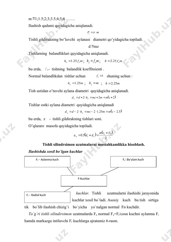 hlash jarayenida, ya’ni uzatma detallarni tayyorlashda (qayta ishlashda), yig`ishda yo`l qo`yilgan noaniqliklar, shuningdek vallarning, tishli g`ildiraklarning elastik defo`lasiyasi natijasida yuklanishlar notekis taqsimlanadi. tishli g`ildiraklarni ishlashdagi noaniklar natijasida qo`shimcha kuchlanishlar hosil bo`ladi. hisobiy kuchlanish qiymata shu qo`shimcha kuchlanishlar qiymatini hisobga olgan holda aniqlanadi. bu qo`shimcha kuchlanishdarning qiymati alohida olingan qo`shimcha kuchlanishlar kiymatining ko`paytmasi sifatida hisobga olinadi, ya’ni k=kβ·kυ·kα bu yerda: k-yuklanish koeffisiyent; kß-yuklanish tish eni bo`yicha notekis taqsimlanishini hisobga oluvchi koeffisiyent; kυ-qo`shimcha dinamik kuchlarni hisobga oluvchi koeffisiyent: kα-kuchlanishi tishlararo notekis taqsimlanishi hisobga oluvchi koeffisiyent. koeffisiyentlardagi «β» indeks uzatma g`ildirak tishlarining ilashish jarayenida β burchakka og`ishi tufayli yuklanishning notekis taqsimlanishi belgilovchi shartli belgi; «υ»-indeks uzatma katta tezlik bilan haraktlanganda aniklik darajasi kichik bo`lgan uzatmalarda bo`lgan qo`shimcha dinamik kuchlanishlarni belgilovchi shartli belgi; «α» - esa tishli g`ildiraklar o`zaro ishlaganda ilashish burchagining o`zgarishi natijasi hosil bo`lgan qo`shimcha kuchlanishlarni belgilovchi shartli belgi. tishli g`idiraklarni kontakt kuchlanishga chidamligi hisoblanganda yuklanish koeffisiyentining indeksi «n» harf (kontakt kuchlanishlarga …