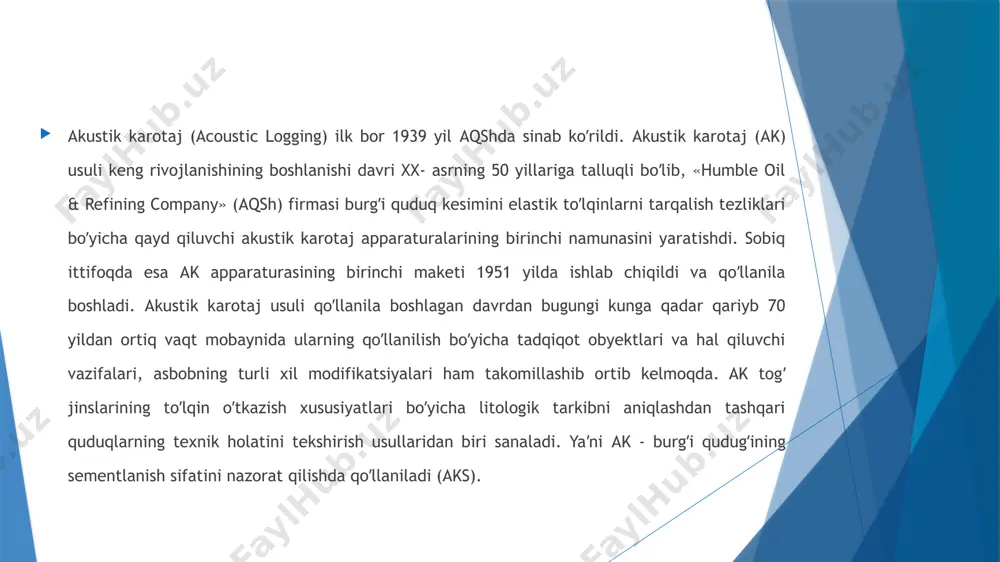zligi boʼyicha litologik kesimni ajratish, аk boʼyicha gʼovaklik parametrini aniqlash va boshqa shu kabi vazifalarni hal qilishda qoʼllaniladi. 3-rasm. faza korelyatsion diagramma (fkd) yordamida burgʼi quduqlarning sementlanish sifatini baholash. jinslar: 1 – ohaktosh, 2 – galit, 3 – qumtosh akustik karotaj - bu quduqga joylashtirilgan emitent tomonidan yaratilgan tovush va ultratovush chastota diapazonlarida elastik tebranish maydonlarini o'rganishga asoslangan quduqni tadqiq qilish usullari to'plami. akustik kratoj asosi quduqlarning uchastkalarini tashkil etuvchi jinslarning elastik xususiyatlaridagi farqdir. ultrasonik usulda quduq uchastkalarini o'rganishda paydo bo'ladigan kuchlanishlar ostida tabiiy yuzaga kelgan jinslar amalda elastik jismlardir. agar elementar tog’ jinslari hajmiga ma’lum vaqt kuch ta’sir etsa, u holda tog’ jinslari zarralari deformatsiyalanadi va harakatlanadi. bu qo'zg'alish nuqtasini o'rab turgan qatlamda stresslarning paydo bo'lishiga olib keladi. natijada, muhitning holati qo'zg'atuvchi kuchni qo'llash nuqtasidan barcha yo'nalishlarda o'zgaradi. deformatsiyalarning ketma-ket tarqalish jarayoni elastik to'lqin deyiladi. togʻ jinslarining elastik xossalari, demak, ulardagi elastik toʻlqinlarning tarqalish tezligi ularning mineral tarkibi, gʻovakligi …