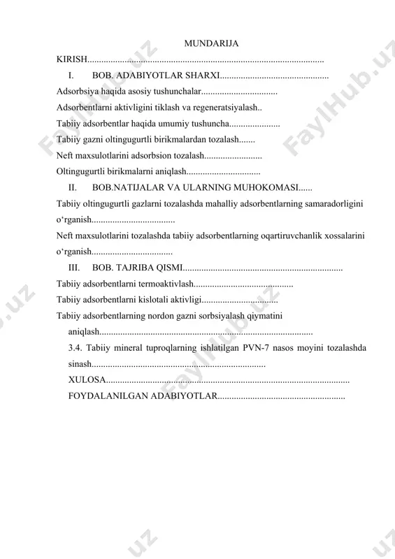 ntlarni termoaktivlash........................................... tabiiy adsorbentlarni kislotali aktivligi................................. tabiiy adsorbentlarning nordon gazni sorbsiyalash qiymatini aniqlash............................................................................................ 3.4. tabiiy mineral tuproqlarning ishlatilgan pvn-7 nasos moyini tozalashda sinash........................................................................... xulosa......................................................................................................... foydalanilgan adabiyotlar....................................................... kirish o‘zbekiston respublikasi mustaqilligidan so‘ng hukumatimiz tomonidan neft va gaz sanoati rivojlanishiga yanada e’tibor berila boshlandi. jahon moliyaviy-iqtisodiy inqirozi davrida respublikamizda uning oldini olish va bartaraf etishning asosiy tadbirlaridan biri xalq xo‘jaligining alohida tarmoqlarini rivojlantirish, ularni yangi texnika va texnologiyalar bilan jihozlash, ishlab chiqarishda qo‘llanilayotgan qurilmalarni modernizatsiya qilish, sifatli va raqobatbardosh mahsulotlar ishlab chiqarish hozirgi kunning dolzarb vazifalaridan biridir [1]. hozirgi paytda gaz qazib olish hajmining ko‘payishi guruxiy gaz yig‘ish tizimlariga o‘tishni taqazo qilmoqda va bu tizim respublikamiz gaz konlarida keng qo‘llanilmoqda. bu tizimda bir gurux quduqlar markazida gaz yig‘ish punktlari joylashtiriladi va ulardan umumiy kon kollektorlari orqali gaz gazni kompleks tayyorlash qurilmalariga yuboriladi. viloyatimizdagi asosiy gaz konlari gazkondensatli bo‘lib, tabiiy gaz tarkibida suyuq uglevodorodlarning bo‘lishi gazni tayyorlash jarayonida qo‘shimcha texnologik usullar va jarayonlarni …