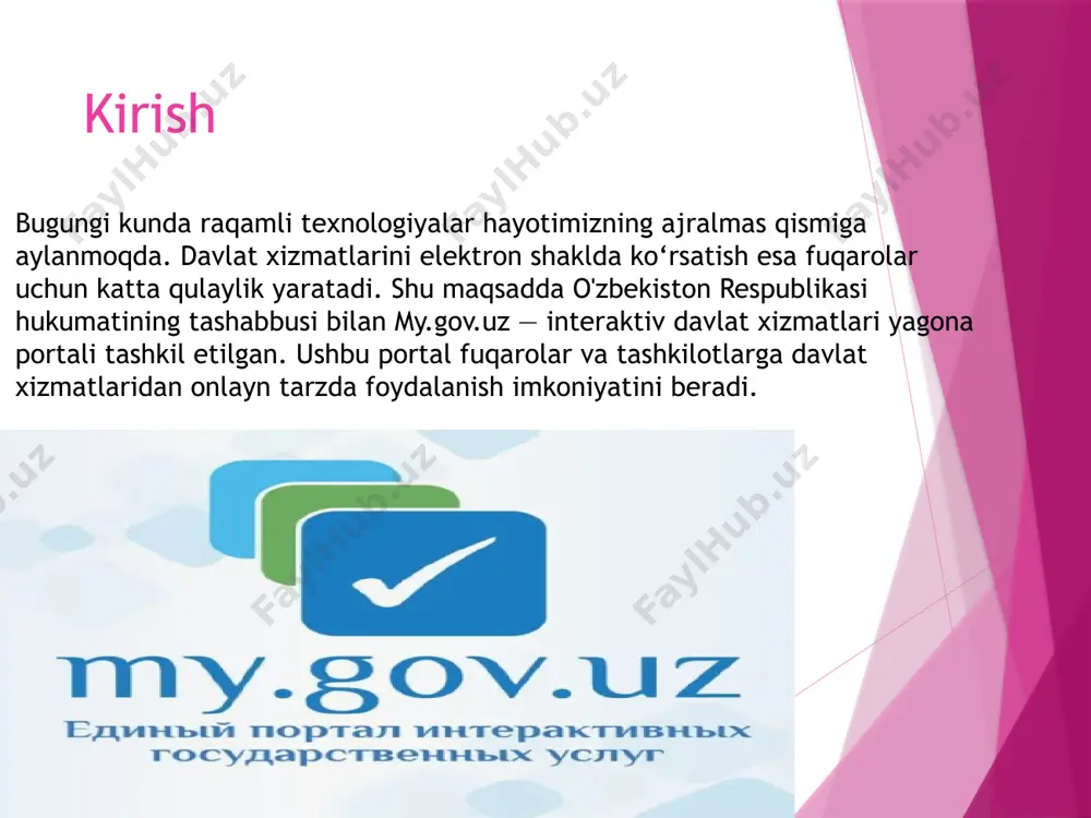aliga ro‘yxatdan o‘tish uchun quyidagilardan foydalanishadi: - telefon raqami yoki e-mail orqali avtorizatsiya - elektron raqamli imzo (eri) - id karta orqali identifikatsiya ro‘yxatdan o‘tgan foydalanuvchilar shaxsiy kabinet orqali xizmatlardan to‘liq foydalanish imkoniyatiga ega. 5. foydalanuvchi interfeysi portal interfeysi soddalashtirilgan va foydalanuvchilarga qulay tuzilgan. har bir xizmat uchun maxsus sahifa, yo‘riqnoma, kerakli hujjatlar ro‘yxati keltirilgan. onlayn chat va ko‘mak markazi yordamida texnik savollar yechim topadi. qidiruv tizimi orqali xizmatlarni tez topish mumkin. 6. mobil ilova imkoniyatlari my.gov.uz mobil ilovasi android va ios tizimlari uchun mavjud bo‘lib, unda quyidagi imkoniyatlar mavjud: - qr kod orqali tez avtorizatsiya - push xabarnomalar olish - ariza topshirish va holatini kuzatish - tez-tez foydalaniladigan xizmatlarga tezkor kirish 7. tizimlararo integratsiya my.gov.uz portali turli davlat tashkilotlarining axborot tizimlari bilan integratsiyalashgan: - soliq qo‘mitasi - ichki ishlar vazirligi - adliya vazirligi - markaziy bank bu integratsiya xizmatlarni ko‘rsatish tezligini oshiradi va bir nechta xizmatlarni bir joyda amalga …