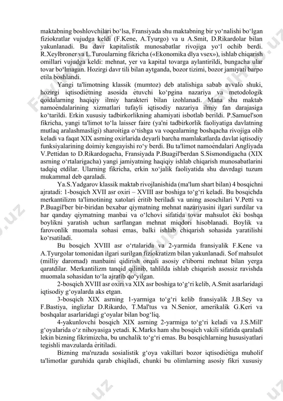 ik munosabatlar g‘alaba qozondi. mamlakatning iqtisodiy rivojlanishiga yo‘l ochib berildi. lekin ko‘plab dehqonlarning ekspropriasiya qilinishi (ersizlantirilishi), ularni zo‘rlik yo‘li bilan ѐllanma mehnatga jalb etilishi (chunki boshqa iloj yo‘q) qarama-qarshilikni kuchaytirdi, oqibatda 1641-1660 yillarda angliyada inqilob bo‘lib o‘tdi. xvii asrdagi niderlandiyadan keyingi ikkinchi bu inqilob burjua inqilobi bo‘lib, u angliyadagi feodal jamiyatga chek qo‘ydi. angliya respublika deb e'lon qilindi, parlament vujudga keldi, demokratik jaraѐn kuchaydi. angliya iqtisodiѐtida, sohibkorlarning boyishida mustamlakachilik siѐsati katta o‘rin egalladi. gollandiya, keyinchalik fransiya ustidan dengizda erishilgan g‘alaba tufayli angliya jahondagi eng yirik va kuchli dengiz davlatiga aylandi. inqilobgacha va to 1830 yillargacha bu yerda proteksionizm (savdoda chetga ko‘proq chiqazib, chetdan kamroq kiritish) siѐsati (eksport importdan ko‘p) o‘tkazilgan, bu esa savdoning (ayniqsa o‘z mustamlakalariga) keskin o‘sishiga olib keldi. demak, savdo, tovar-pul munosabatlari ham keskin oshdi. xalq xo‘jaligining yuksak rivoji ilmiy kashfiѐtlarni taqozo etdi. shu davrda angliyada tabiiy fanlar, ayniqsa mexaniqa, astronomiya va fizika tez rivoj topdi. bu davrning …