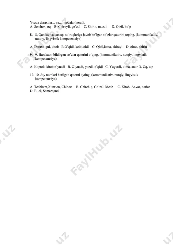 . 9. harakatni bildirgan so’zlar qatorini o’qing. (kommunikativ, nutqiy, lingvistik kompetentsiya) a. koptok, kitob,o’ynadi b. o’ynadi, yozdi, o’qidi c. yugurdi, olma, anor d. oq, top 10. 10. joy nomlari berilgan qatorni ayting. (kommunikativ, nutqiy, lingvistik kompetentsiya) a. toshkent,xumson, chinoz b. chirchiq, go’zal, mosh c. kitob. anvar, daftar d. bilol, samarqand 2-sinf ona tili v chorak o ’tkazish jadvali i2-ni mavzu: 255-mashq asosida maqsad: kompetensiyalarning shakllanganligini aniqlash. nazorat shakli:bayon. dala hovli. 1. yozni dala- hovlimizda o’tkazamiz. 2. bog’ mevalari,poliz,sabzavot ekinlari. 3. hosilni qishga g`amlash ishlari. quyidagi talablarga rioya qilish lozim 1gaplarni reja asosida o’ringa qo’yib yozish . 2.bosh harf bilan yozish. 3.gaplarni to’g’ri tuzib yozish. 4 harf birikmali so’zlarni to’g’ri yozish. 5.chiziqchali so’zlarni to’g’ri yozish. 6. tinish belgilarini to’g’ri qo’yish 7.chiroyli yozish. i3-ni mavzu: shaxs va narsalarning belgisi va sanog’ini bildirgan so’zlar. maqsad: kompetensiyalarning shakllanganligini aniqlash. nazorat shakli:diktant. o’rik. o’rik ko’p yillik daraxtdir. uning tanasi yo`g`on. novdalari jigar rang, qizil. oldin …
